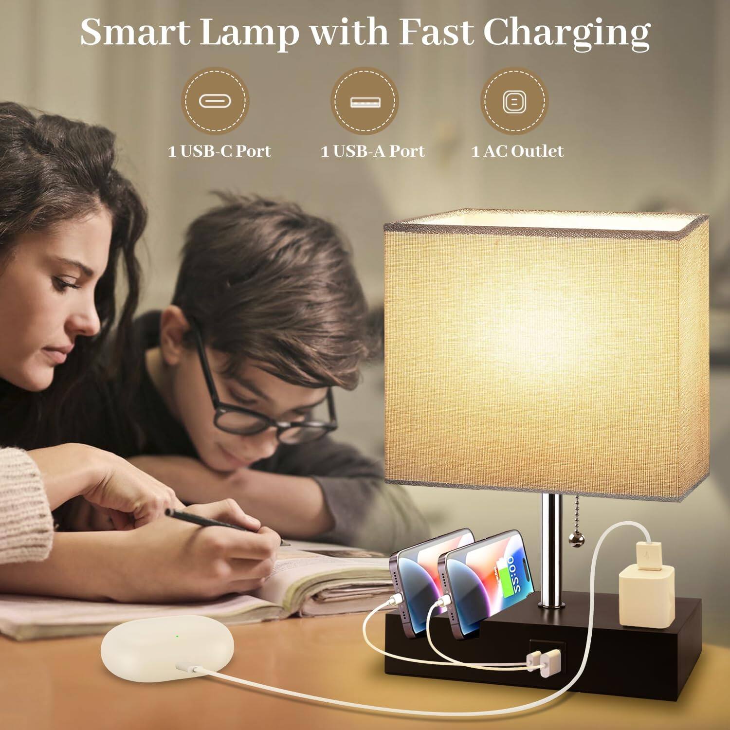 Smart Lamp with Fast Charging

1 USB-C Port  
1 USB-A Port  
1 AC Outlet
