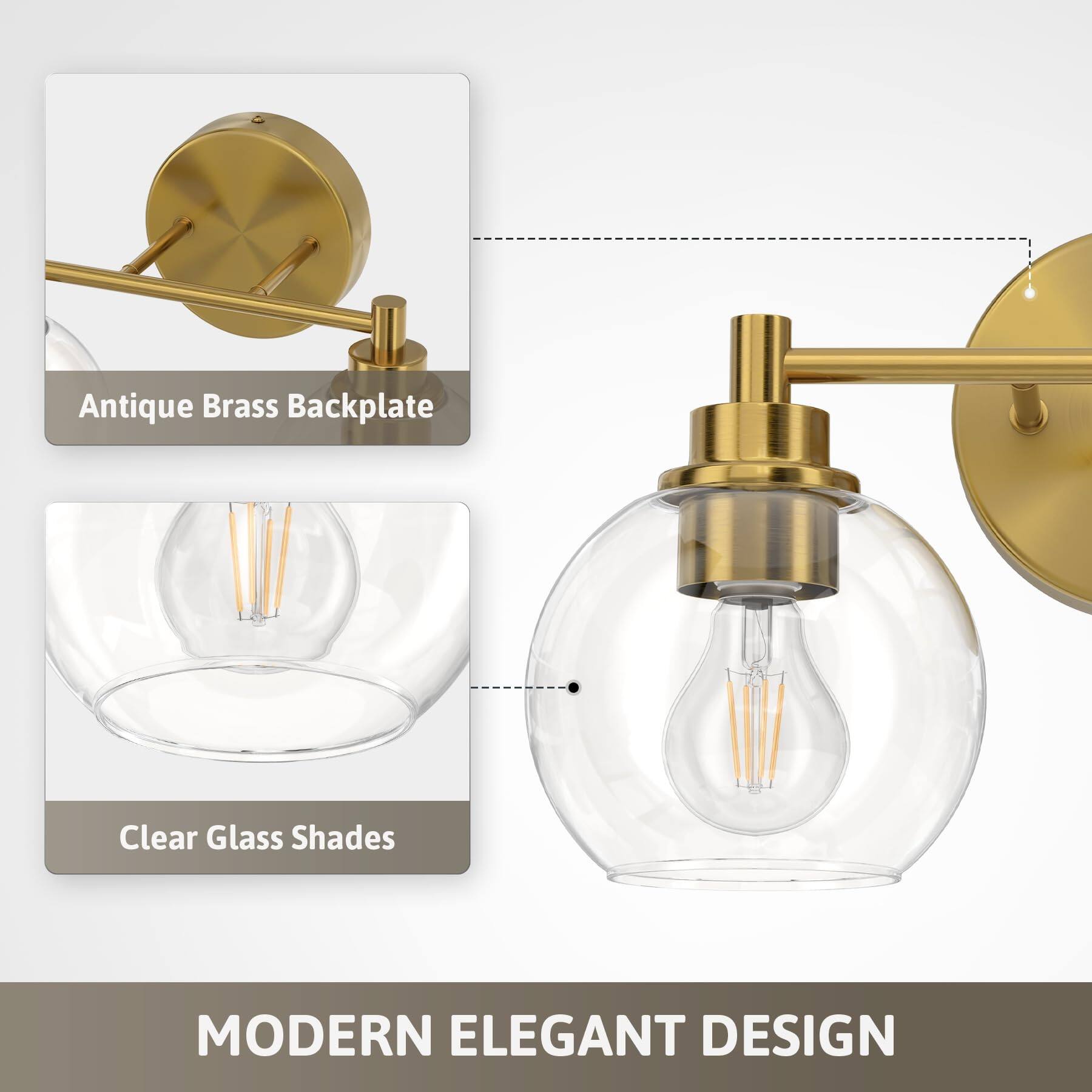 Antique Brass Backplate  
Clear Glass Shades  
MODERN ELEGANT DESIGN