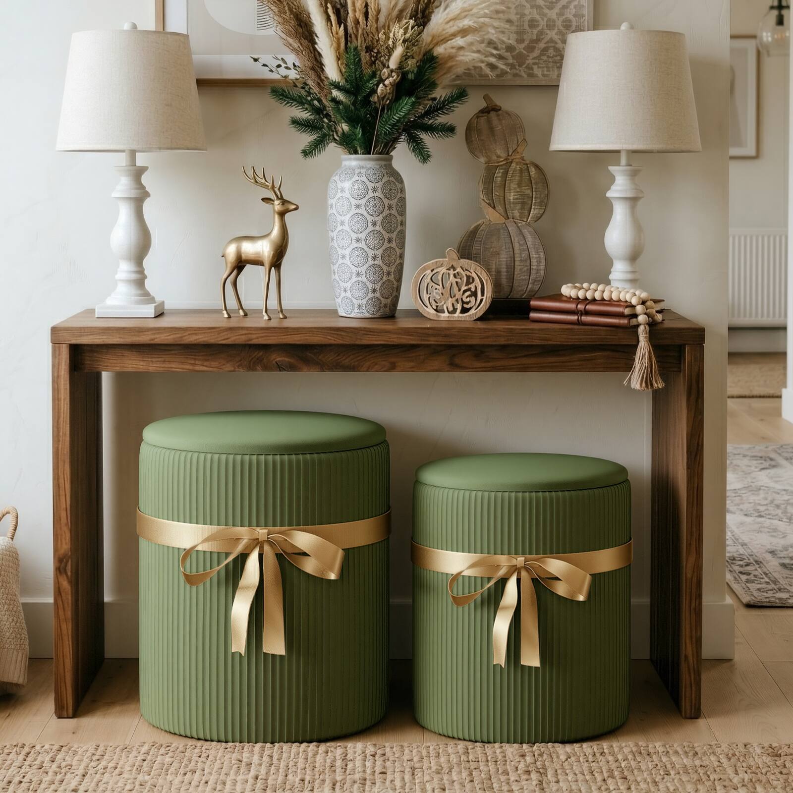 Angle. Pinmoco - Pinmoco Round Storage Ottoman Set of 2, Modern Upholstered Foot Rest Stool, 300 lbs Capacity - green.