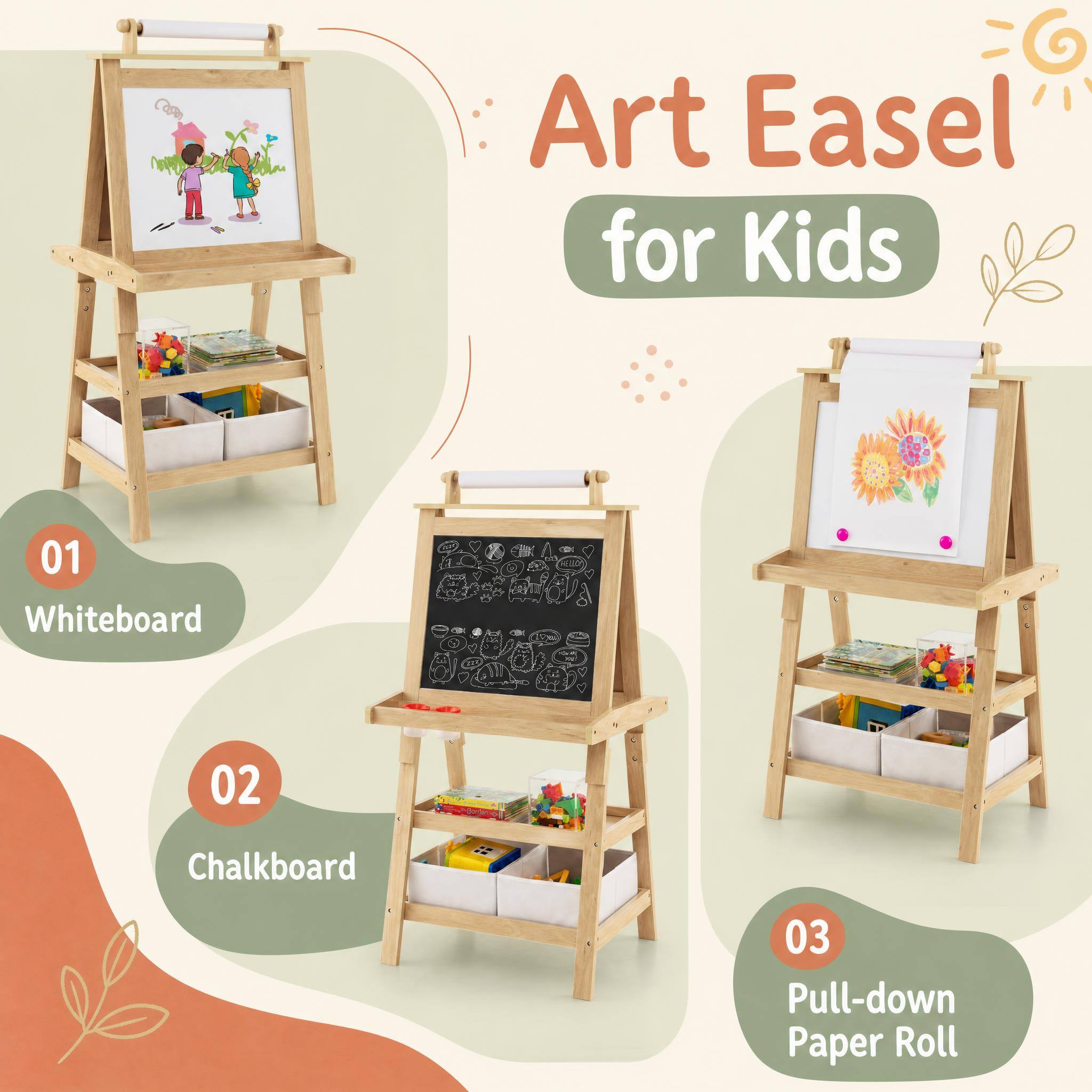 Art Easel for Kids

01 Whiteboard

02 Chalkboard

03 Pull-down Paper Roll