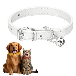 Unique Bargains - Dog Collar with Bell, Pu Leather Cat Collars Pet Basic Soft Padded Adjustable Buckle, 1 Pc, for Small Animals - White