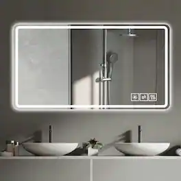 Kadyn - 48"x24" Black Frame LED Vanity Mirror, Rounded Corners/Temp Display/Tri-Color Light/Anti-Fog Aluminum Alloy Frame