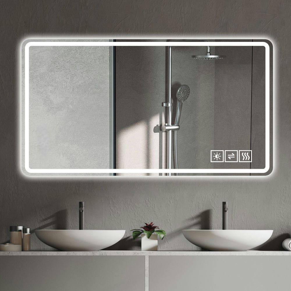 Front. Kadyn - 48"x24" Black Frame LED Vanity Mirror, Rounded Corners/Temp Display/Tri-Color Light/Anti-Fog Aluminum Alloy Frame.