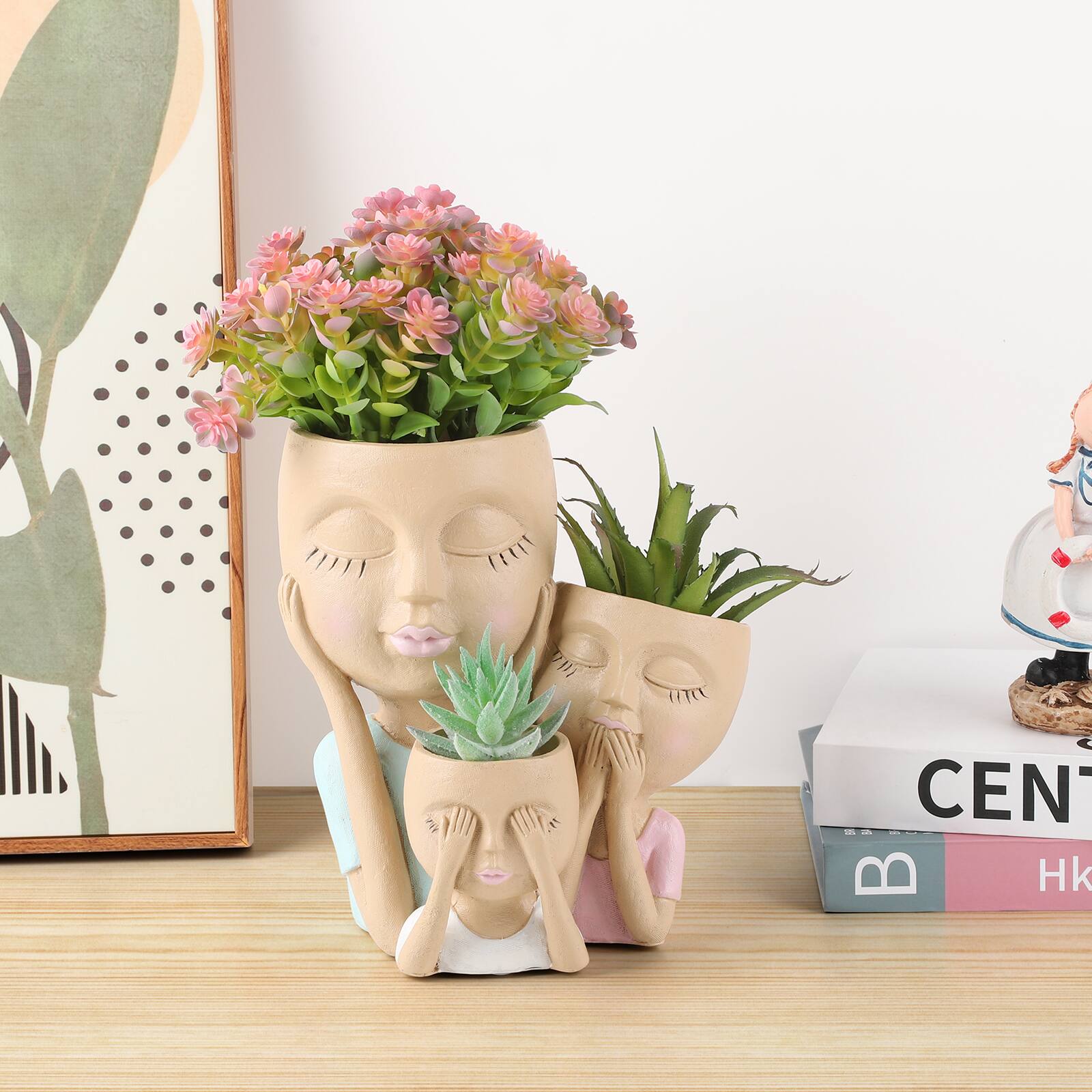 Front. Oumilen - 3-Face No See No Hear No Speak Resin Head Planter, Three-in-One Human Face Succulent Pot for Indoor Outdoor Decor.