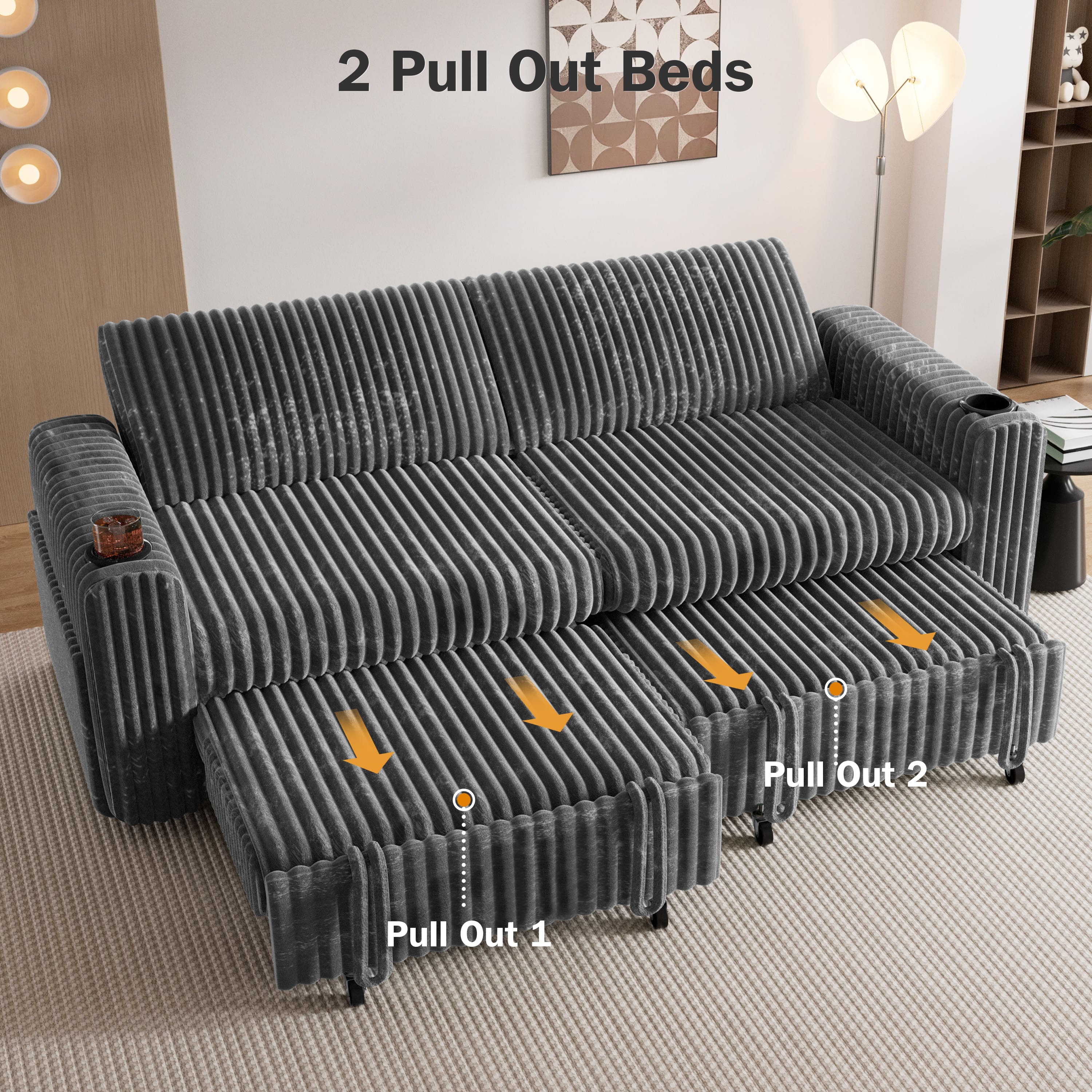 Dyonery - 91-in  Sectional Sofa Bed with Reclining Backrest/USB Ports/Cup Holders, Tool Free Assembly, Plush Corduroy - Gray