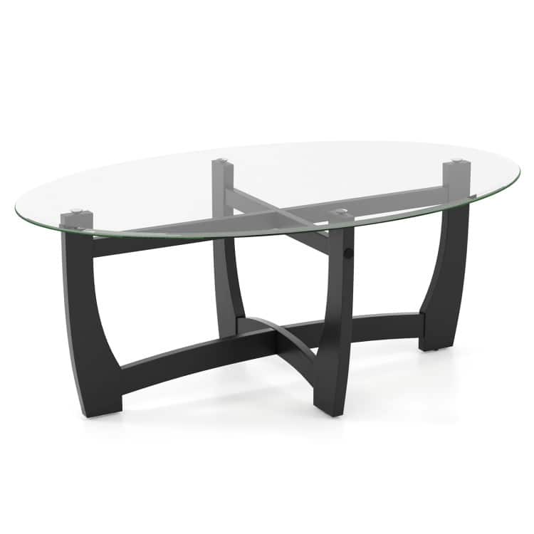 SlickBlue - Oval Coffee Table with Tempered Glass Top and Solid Rubber Wood Legs - Black