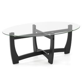 SlickBlue - Oval Coffee Table with Tempered Glass Top and Solid Rubber Wood Legs - Black