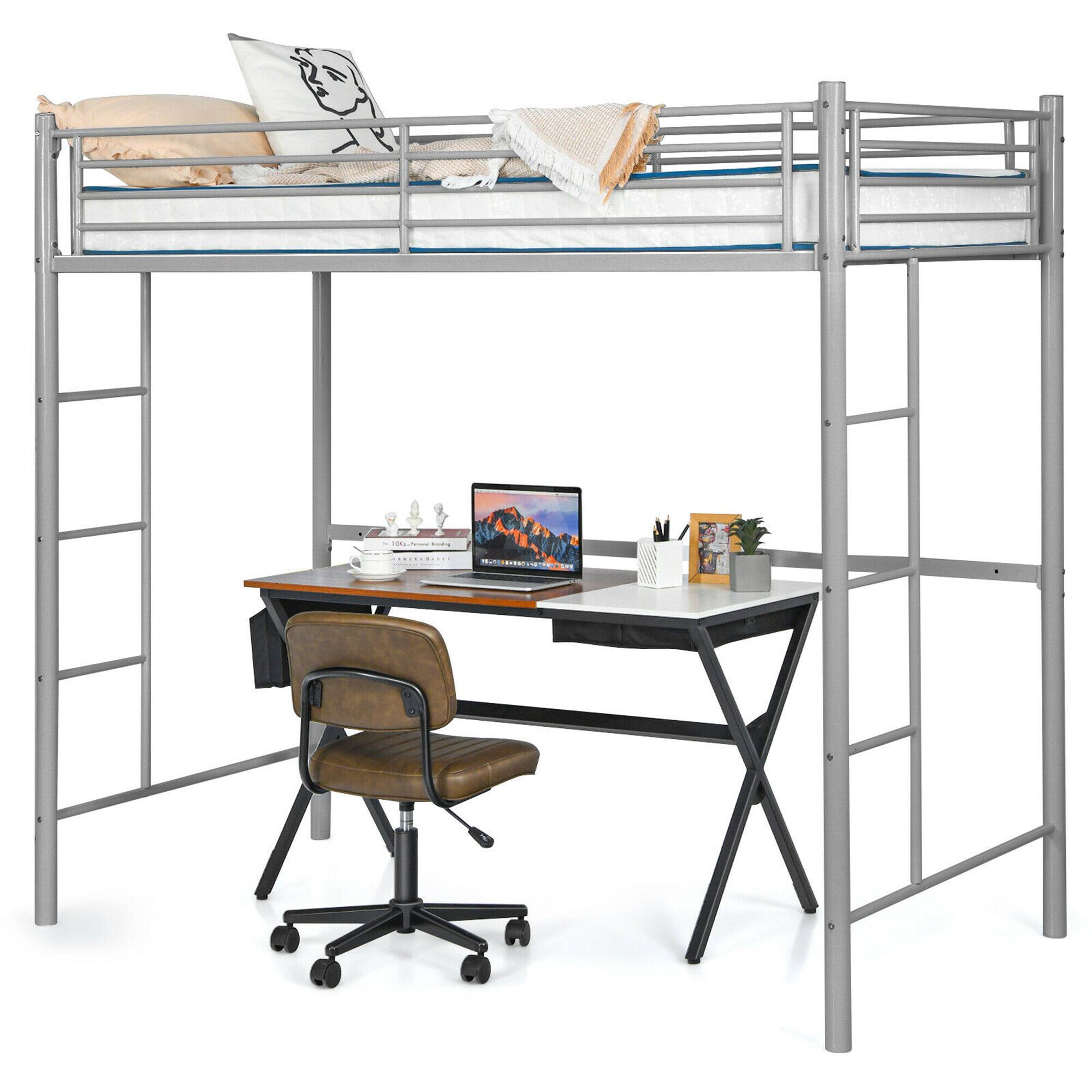 Alt View 5. Costway - Twin Size Loft Bed Heavy Duty Metal Loft Bed Frame with Safety Guardrail - Silver.