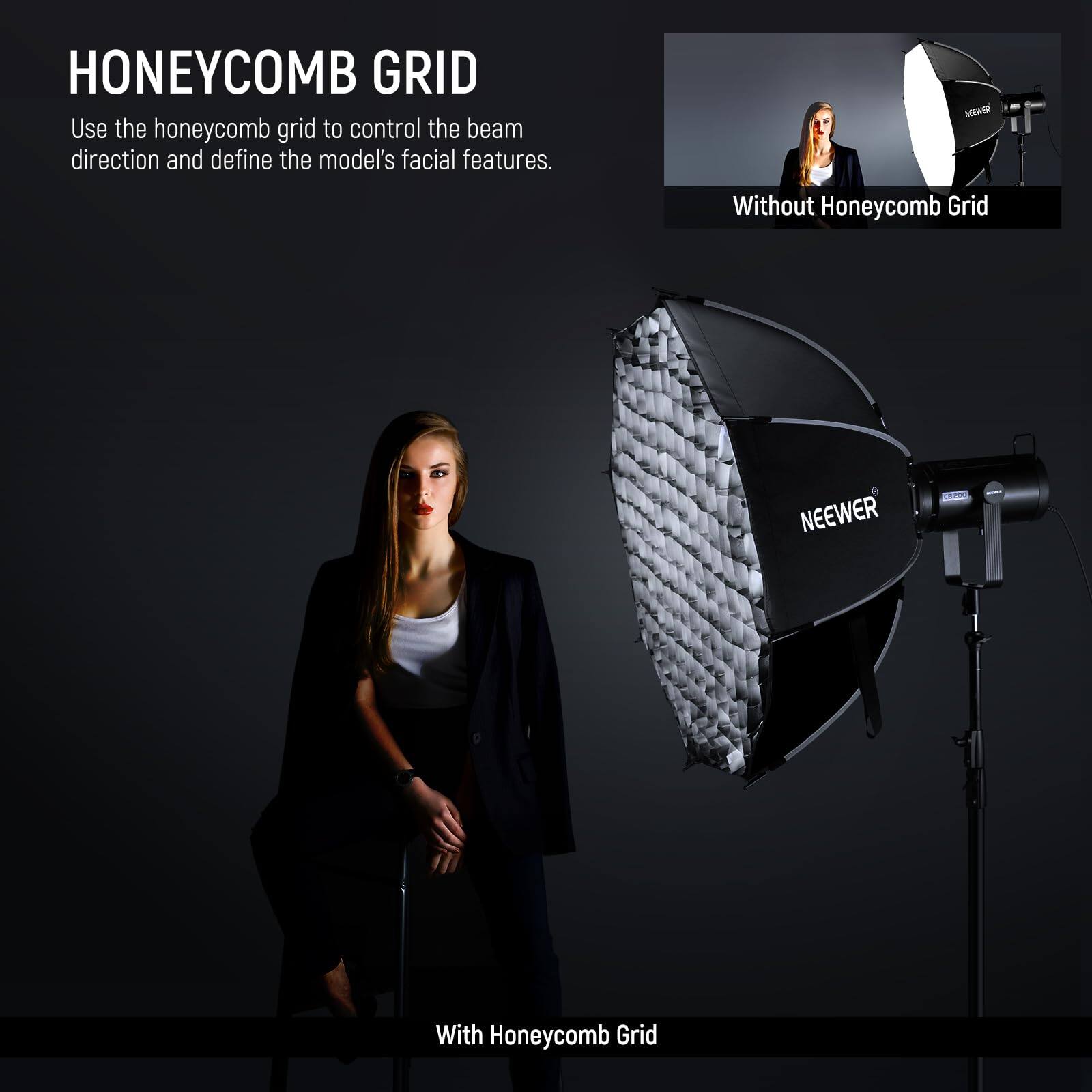 HONEYCOMB GRID  
Use the honeycomb grid to control the beam direction and define the model's facial features.  

Without Honeycomb Grid  
With Honeycomb Grid