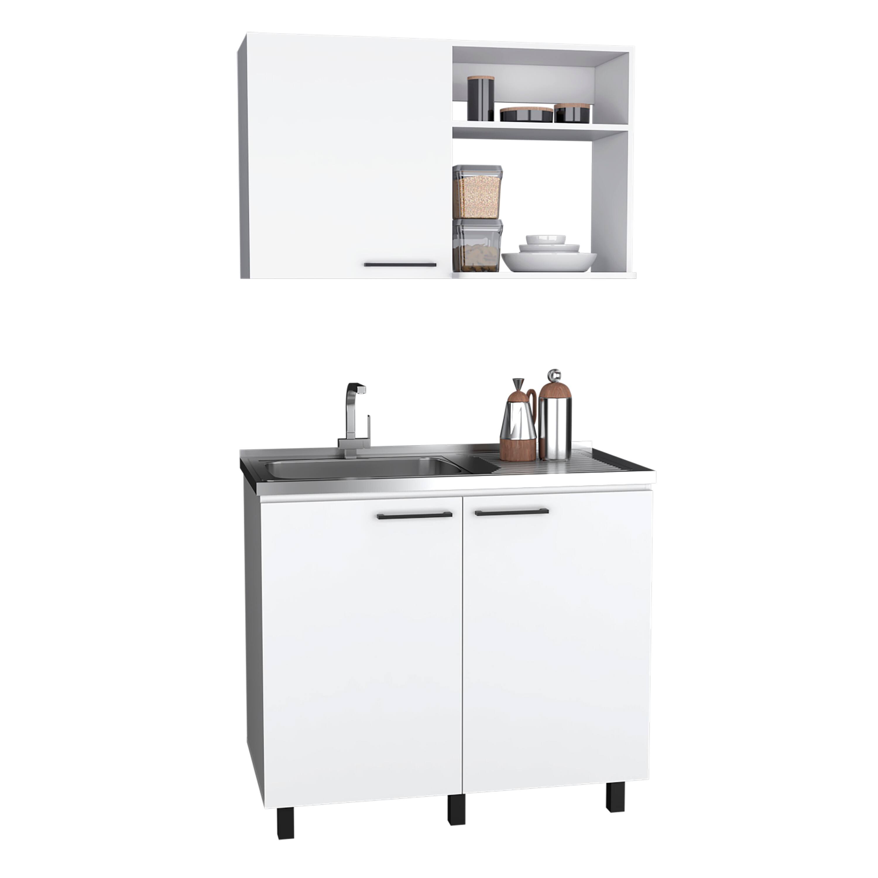 Angle. TinyHomie - Alexandria 2 Piece White Kitchen Set Wall Cabinet   Utility Sink - White.