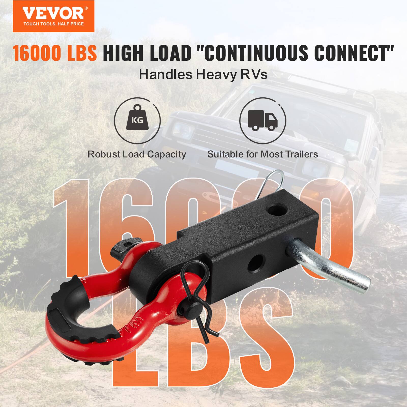 VEVOR  
TOUGH TOOLS, HALF PRICE  

16000 LBS HIGH LOAD "CONTINUOUS CONNECT"  
Handles Heavy RVs  

Robust Load Capacity  
Suitable for Most Trailers  

16000 LBS