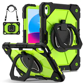 Dteck - Case for Apple iPad 11"(A16 chip 2025) and iPad 10.9" (10th Gen), 3-Layer Rugged Kickstand Handle Grip Cover+Strap - Black Green