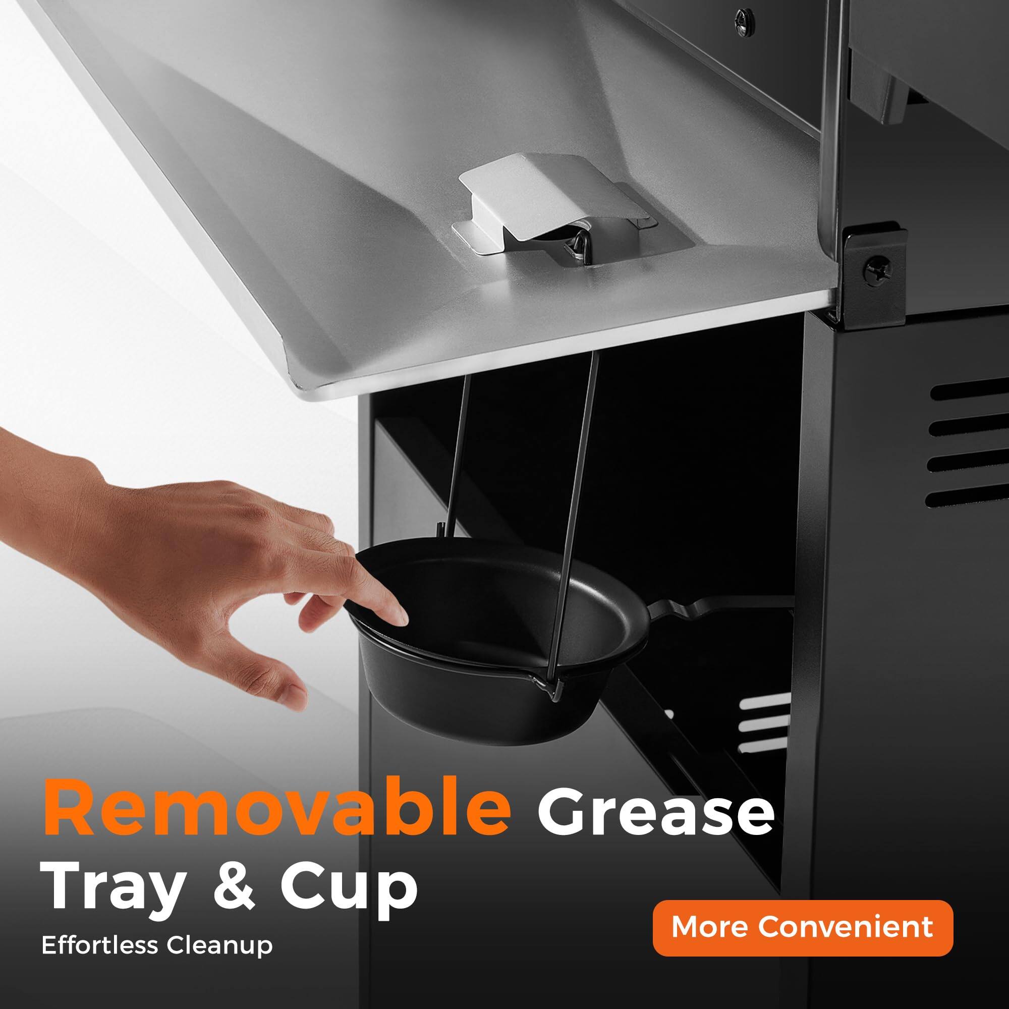 Removable Grease Tray & Cup  
Effortless Cleanup  
More Convenient