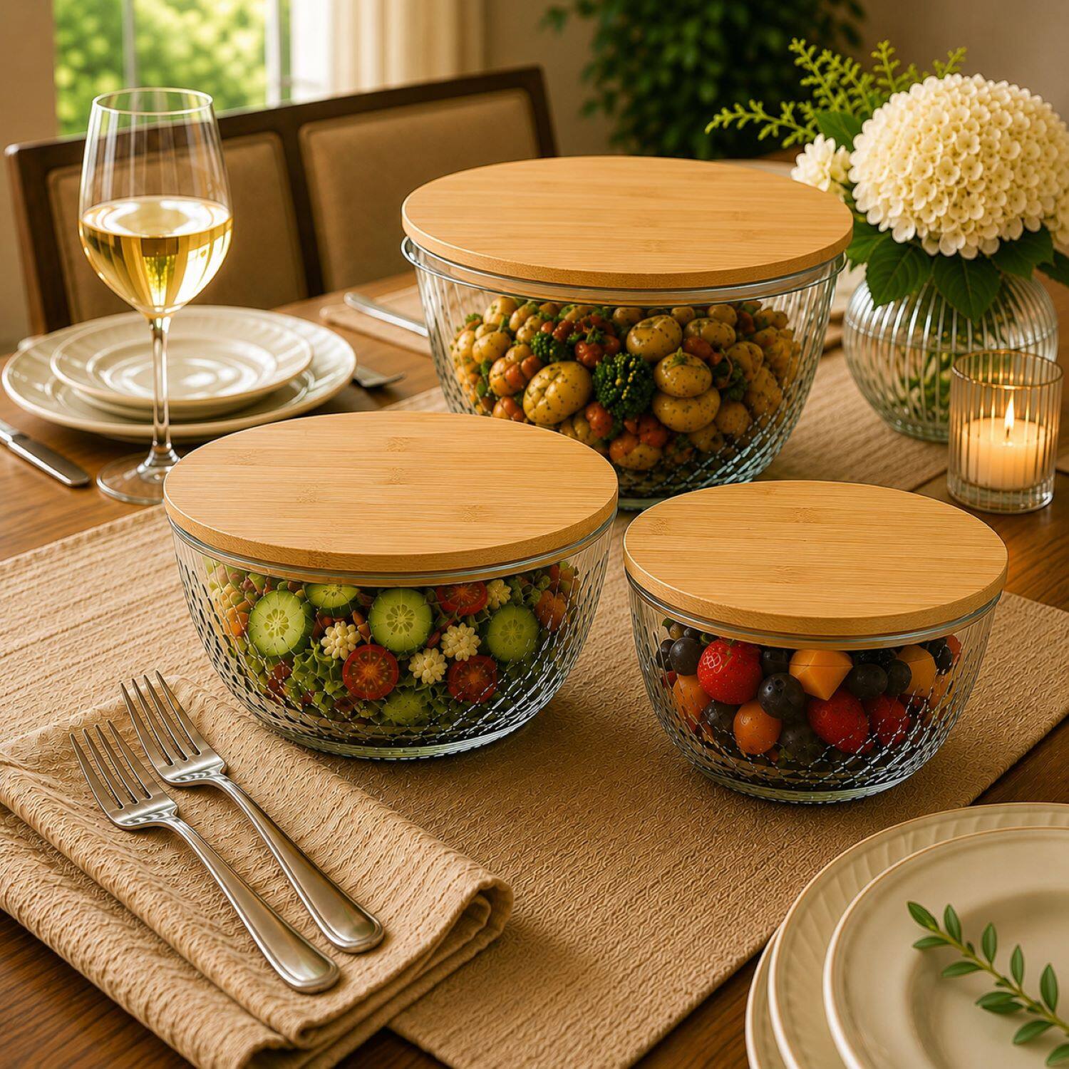 Alt View 4. Sorbus - Sorbus 4-Piece Glass Diamond Textured Bowl Set with Bamboo Lids, Mixing & Storage Microwave, Dishwasher & Freezer Safe.