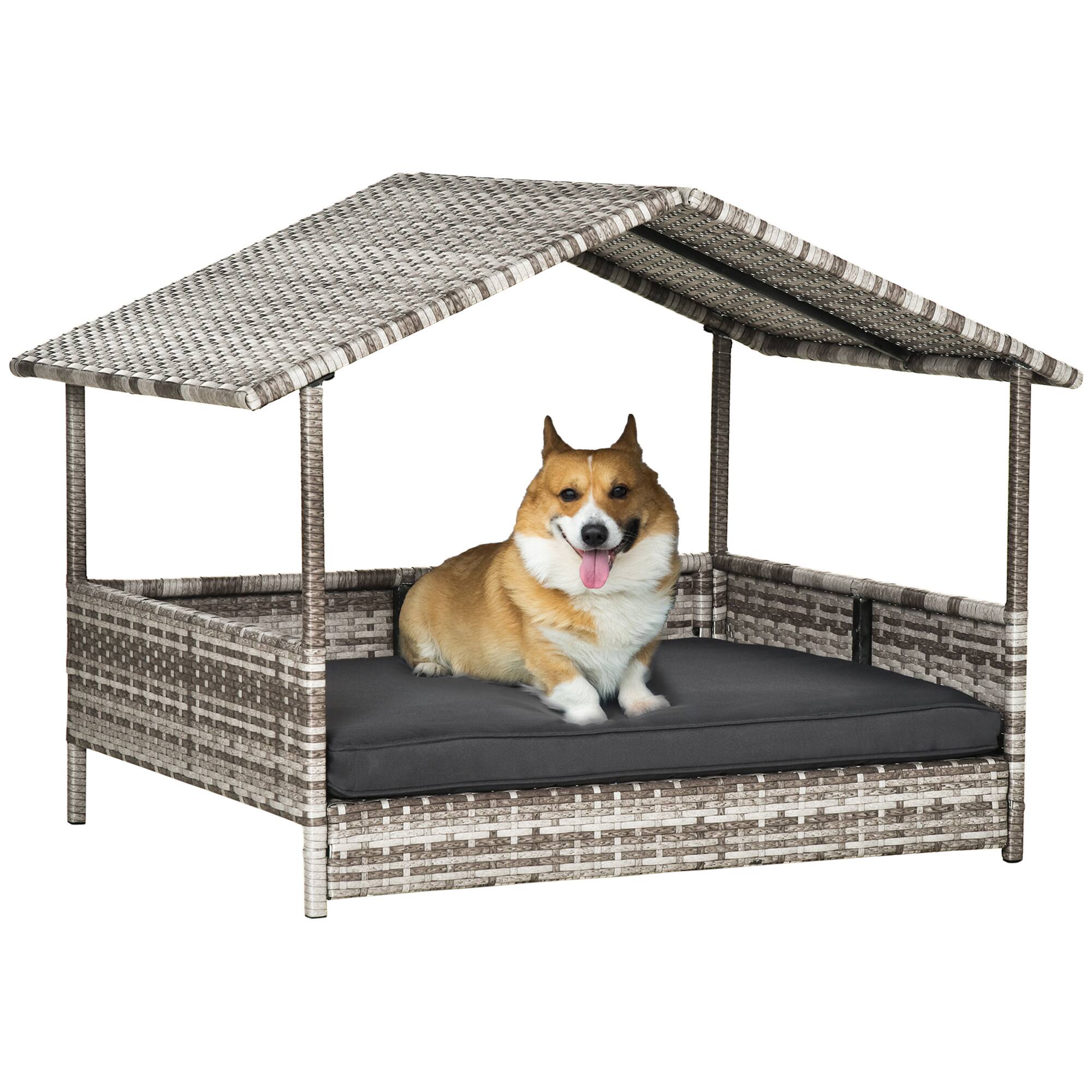 Front. Siljoy - Outdoor Wicker Dog House with Canopy, Water‑Resistant Cushion & Raised Base for Small/Medium Dogs.