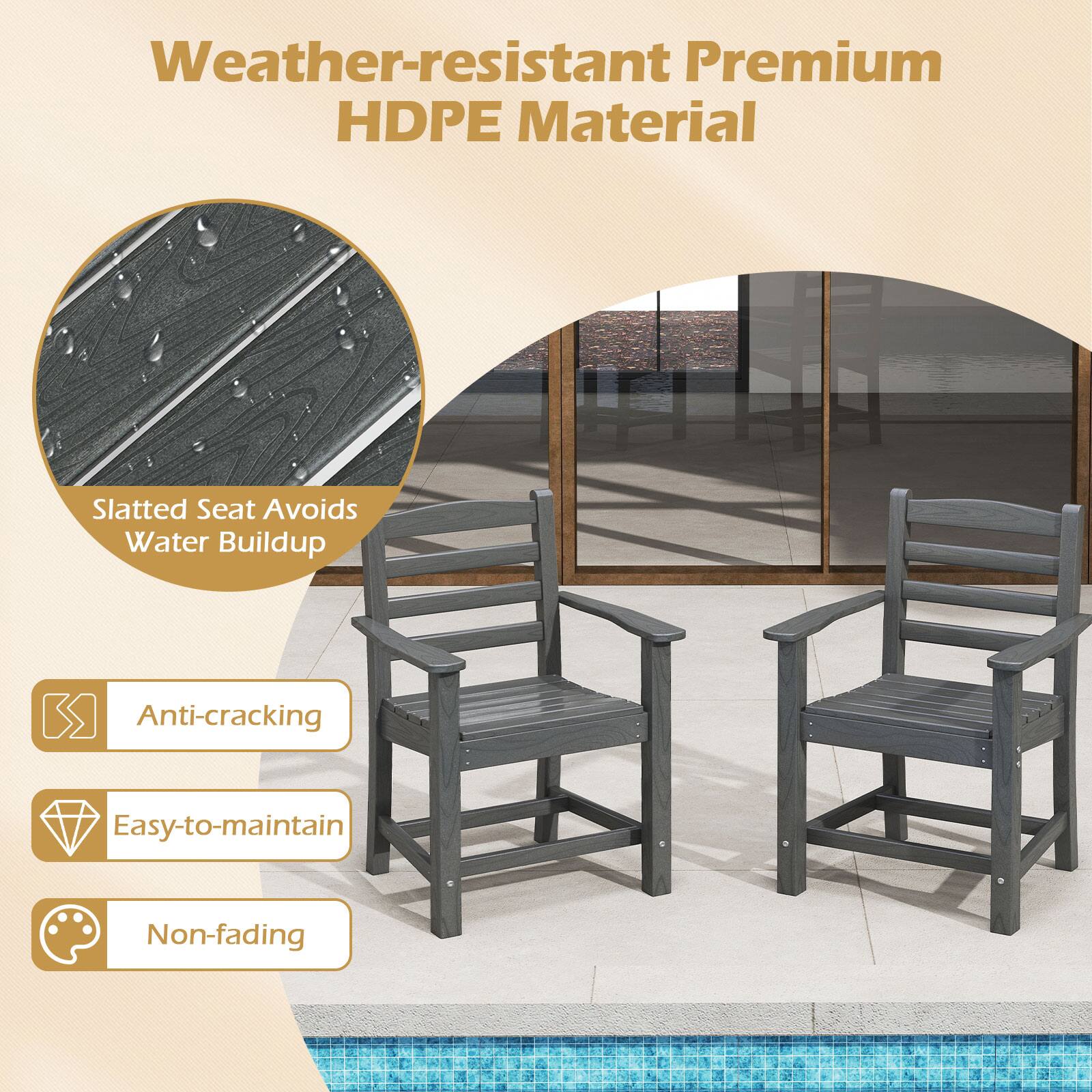 Weather-resistant Premium HDPE Material

Slatted Seat Avoids Water Buildup

- Anti-cracking
- Easy-to-maintain
- Non-fading