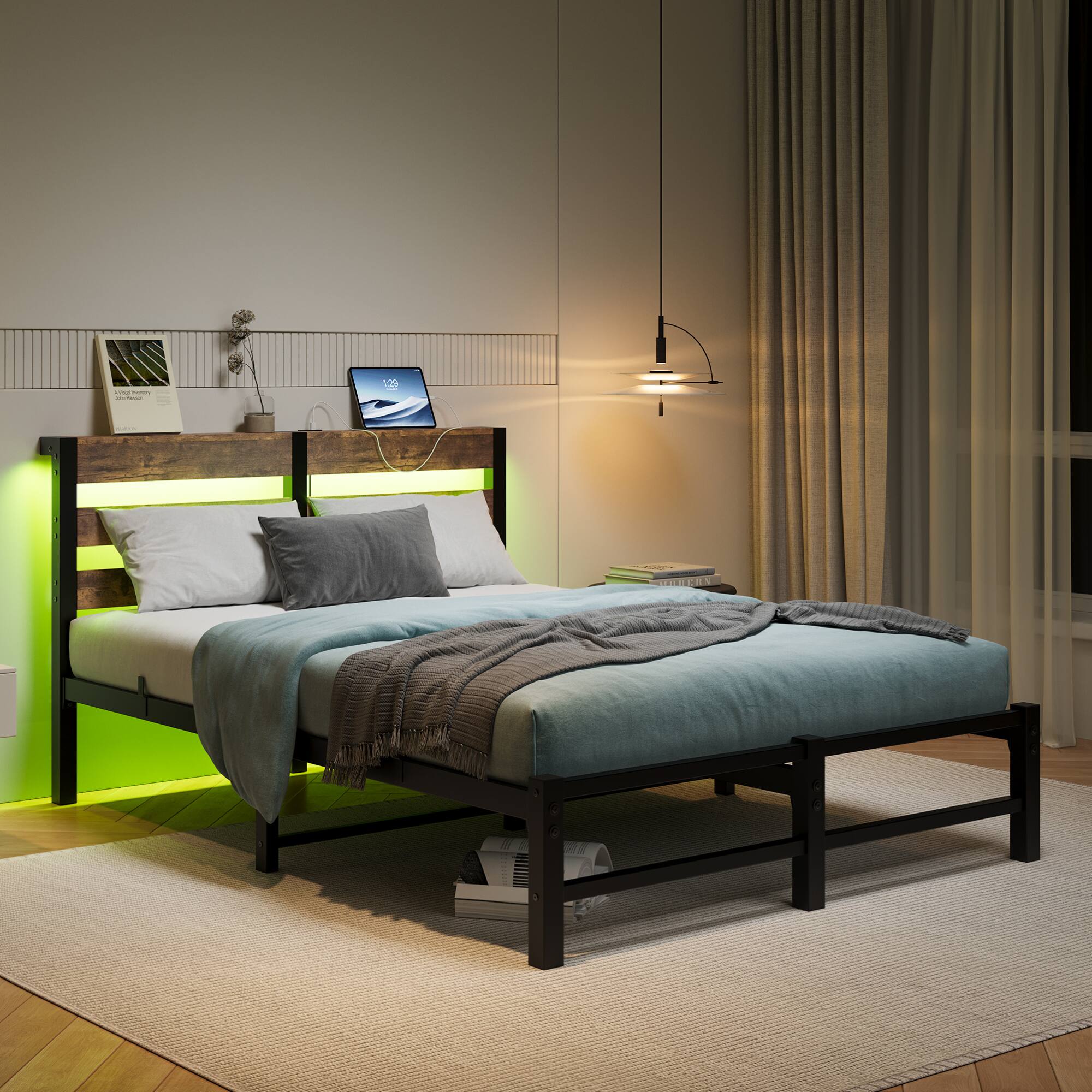 Left. GOODSILO - Full Size Metal Bed Frame with Wooden Headboard, RGB Lights, Charging Ports, Storage Shelf, Noise-Free Design - Beige+Brown.