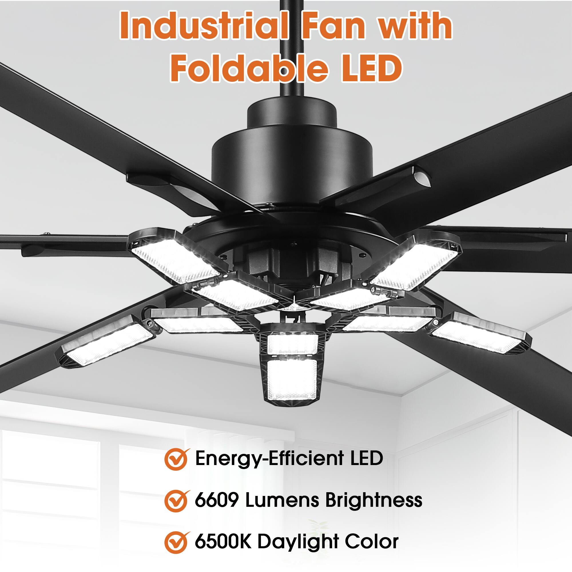 Industrial Fan with Foldable LED

- Energy-Efficient LED
- 6609 Lumens Brightness
- 6500K Daylight Color