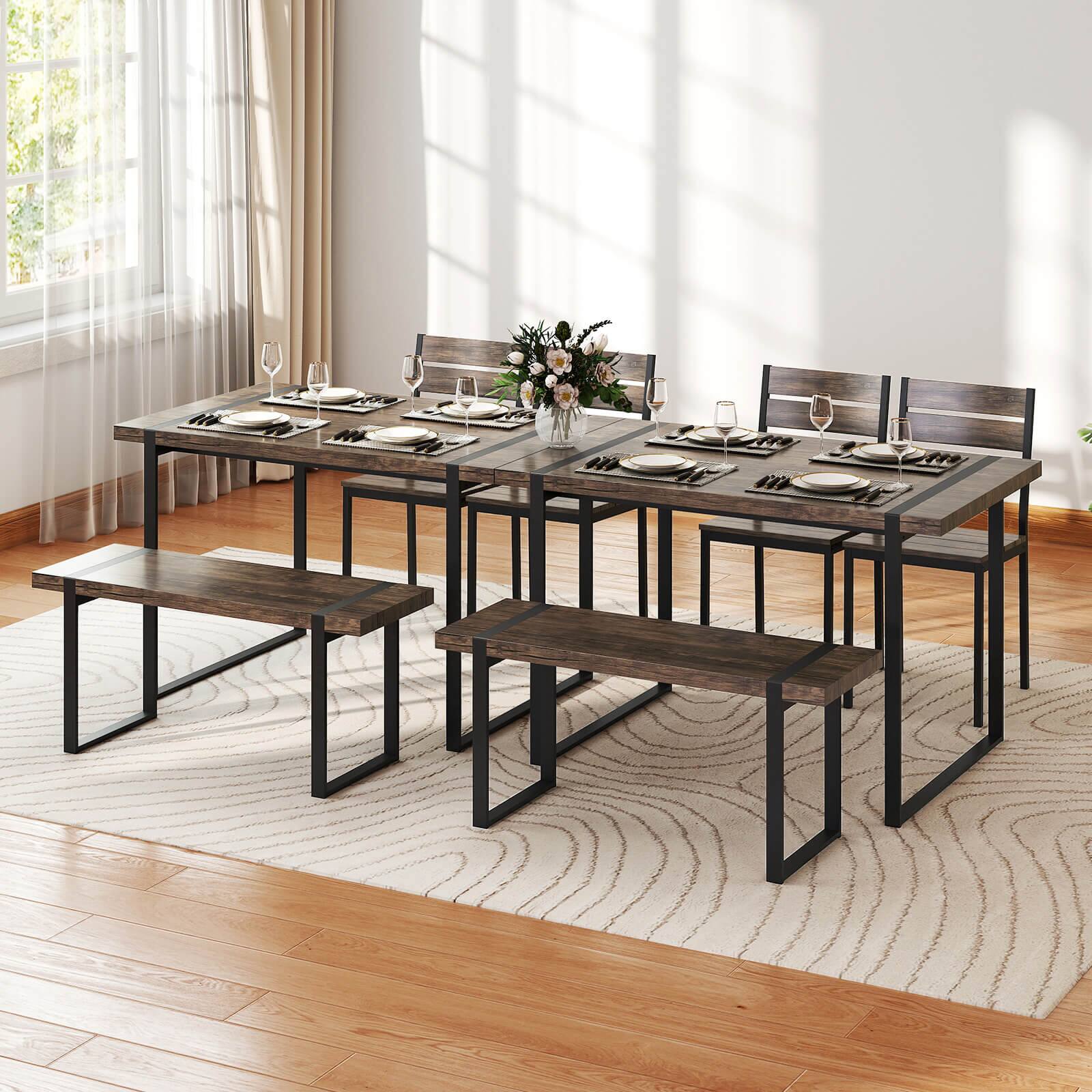 Alt View 3. Costway - Costway 47" Dining Table Set for 4, Wooden Kitchen Table with 2 Chairs & Bench, Metal Frame - Gray,Black.