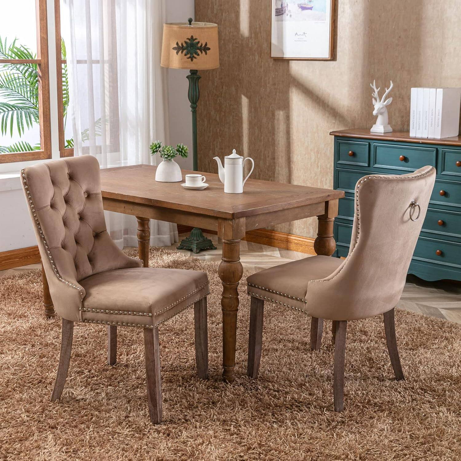 Trinkets Crazed - Velvet Dining Chairs Set of 2, Upholstered High-end Tufted Dining Room Chair with Wood Legs Nailhead Trim for Kitchen - khaki