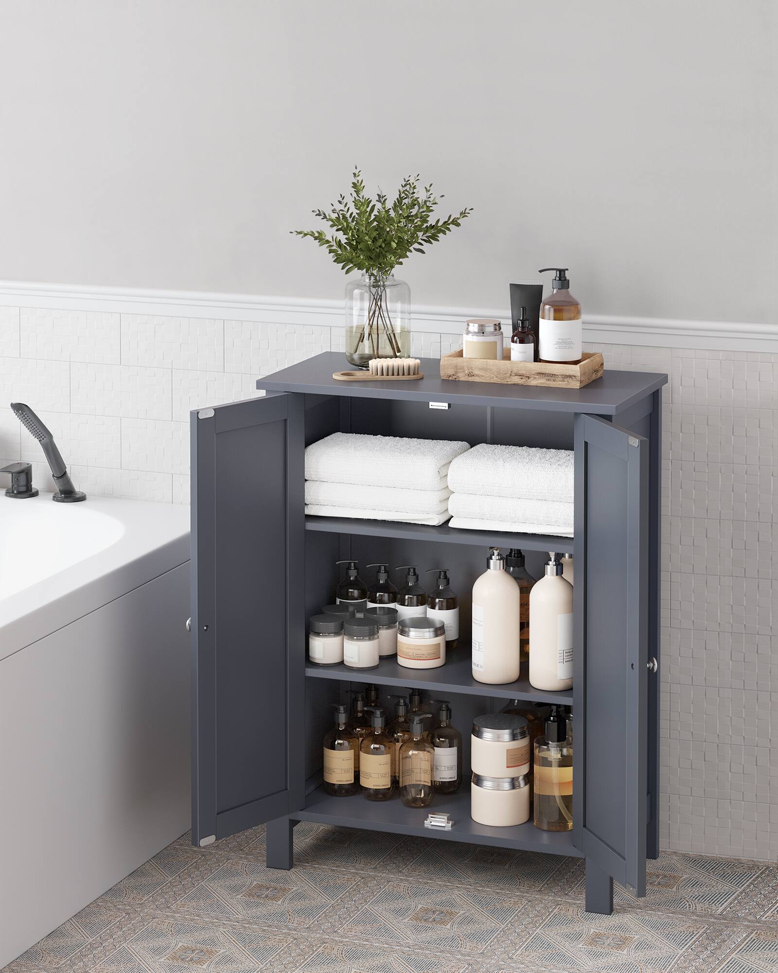 Left. Songmics Home - Bathroom Floor Storage Cabinet, Bathroom Storage Unit with 2 Adjustable Shelves, 11.8 x 23.6 x 31.5 Inches - Slate Gray.