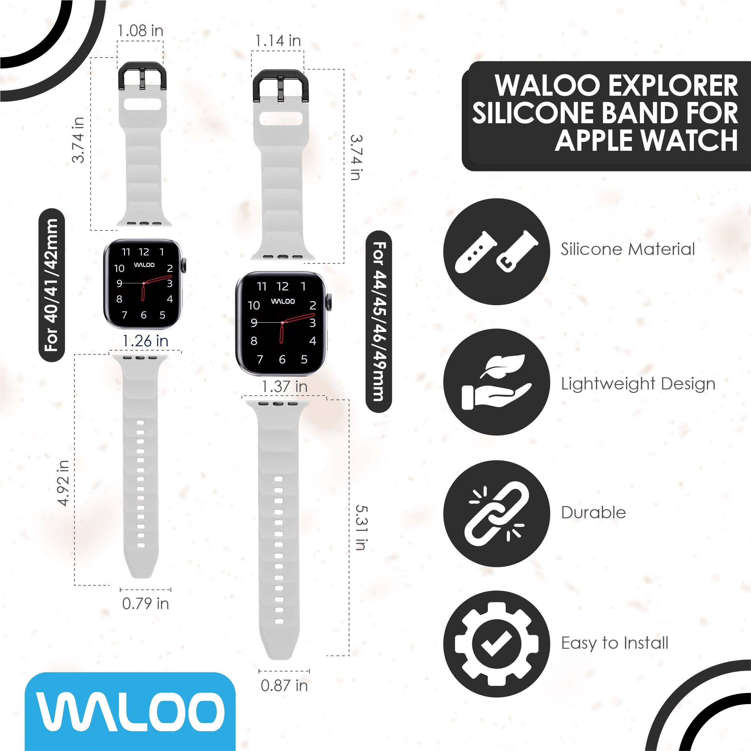 1.08 in  
1.14 in  
/42mm 40/41 For 4.92 in  
3.74 in  
11 12 1 WALOO 10 2 9 3 8 4 7 6 5 1.26 in  
11 12 1 WALOO 10 2 9 3 8 4 7 6 5 1.37 in  
3.74 in 5.31 in  
For 44/45/46/49mm  
WALOO EXPLORER SILICONE BAND FOR APPLE WATCH  
Silicone Material Lightweight Design Durable  
0.79 in  
Easy to Install  
0.87 in