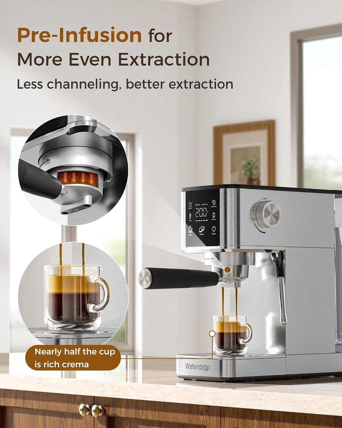 Pre-Infusion for More Even Extraction  
Less channeling, better extraction  

Nearly half the cup is rich crema  

Waterdrop