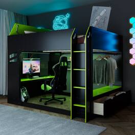 Aukfa - Full Size Wood Loft Bed with Height-adjustable Desk,Drawers,Storage Compartments,Hanging Rod and RGB Lights - Green