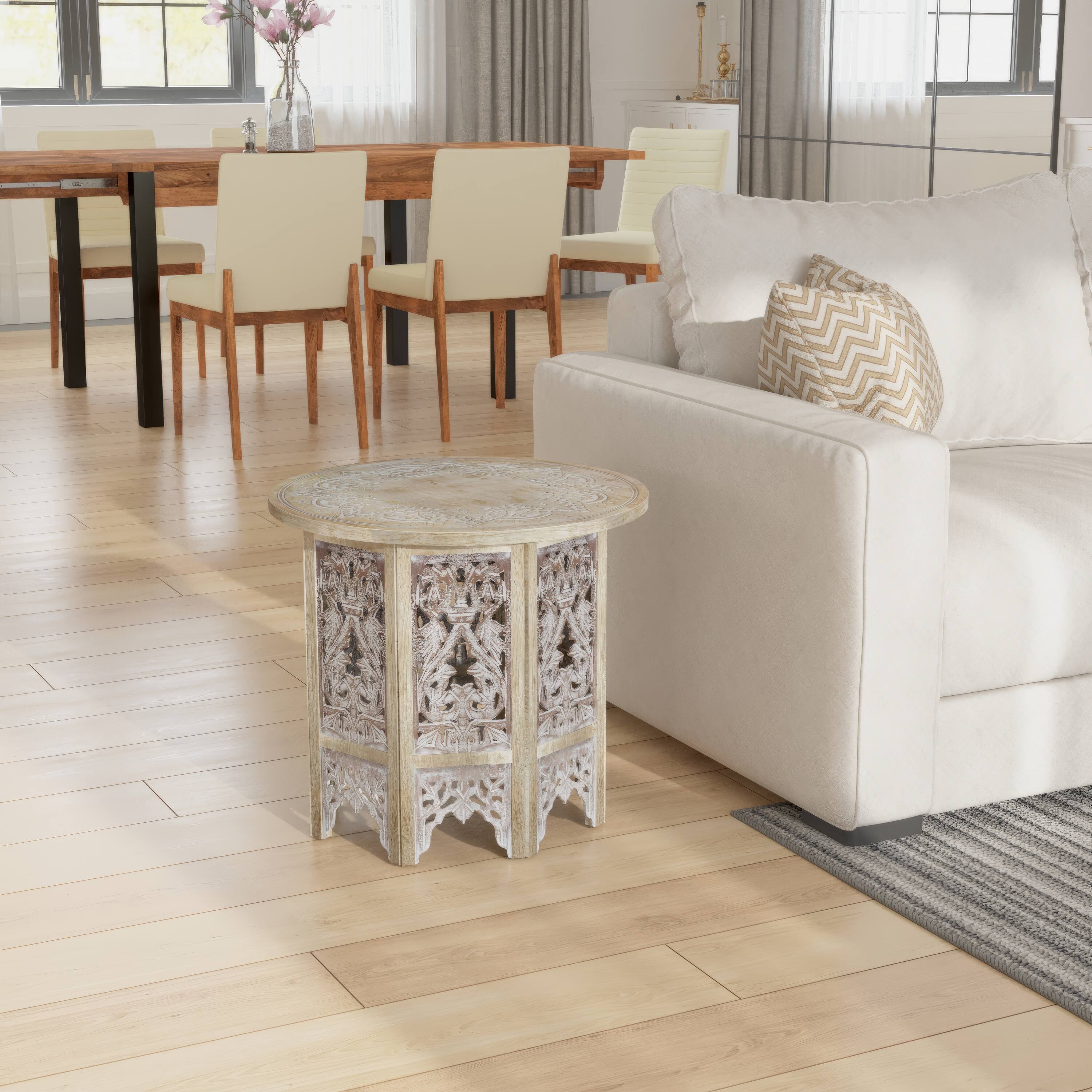 Alt View 6. Manhattan Lane - Accent Side Table, 24 Inch Round Top, Mango Wood Floral Cut Out Carved Motifs - Natural Brown, Washed White.