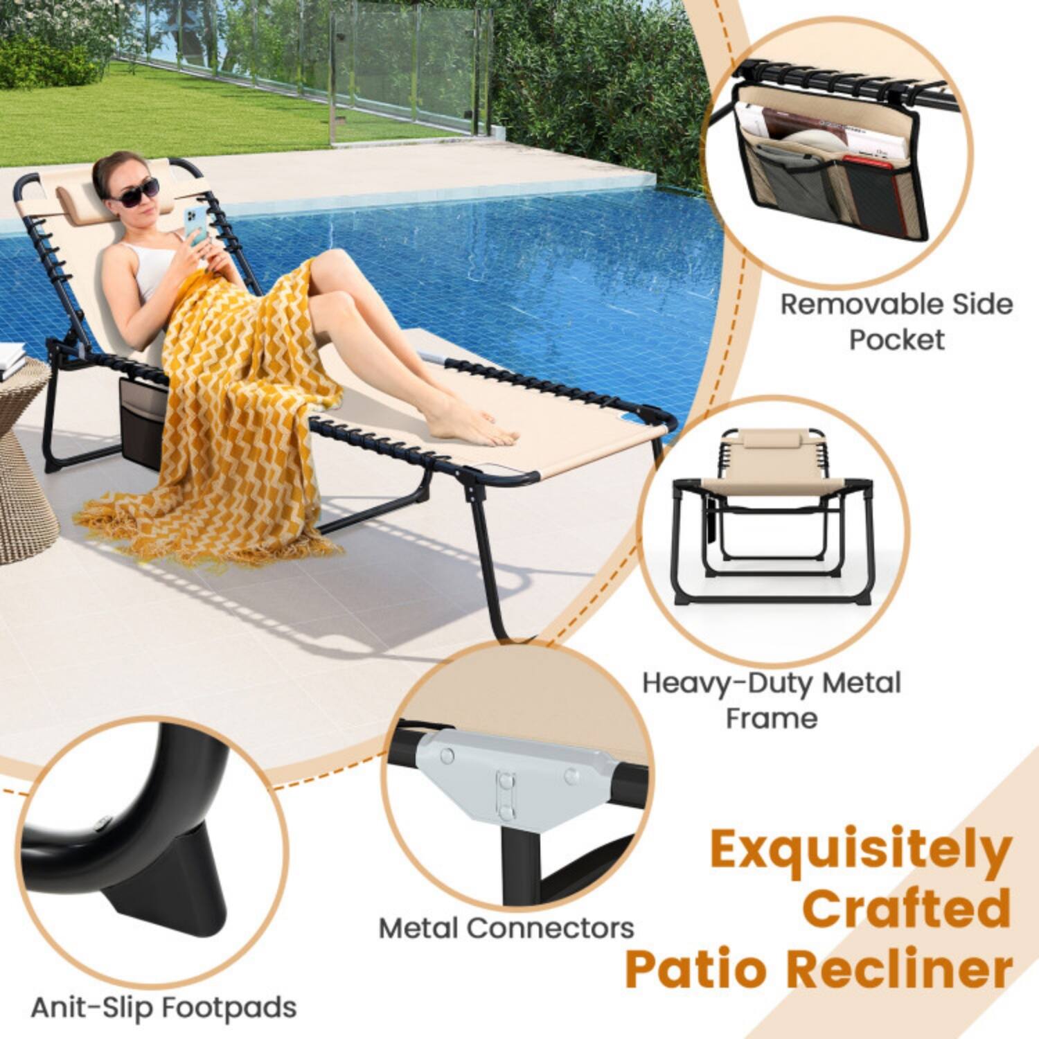 Exquisitely Crafted Patio Recliner

- Removable Side Pocket
- Heavy-Duty Metal Frame
- Metal Connectors
- Anti-Slip Footpads