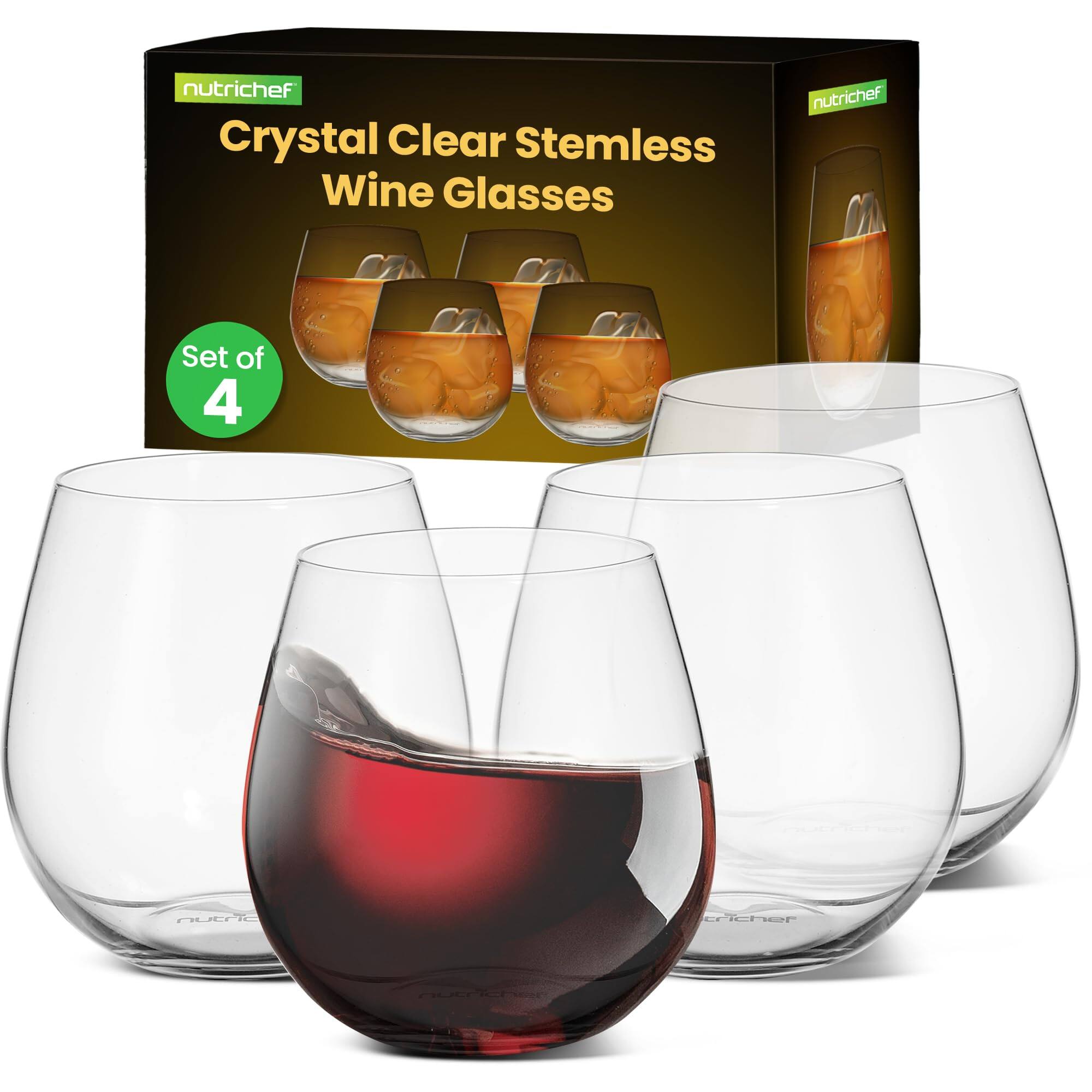 nutrichef Crystal Clear Stemless Wine Glasses Set of 4