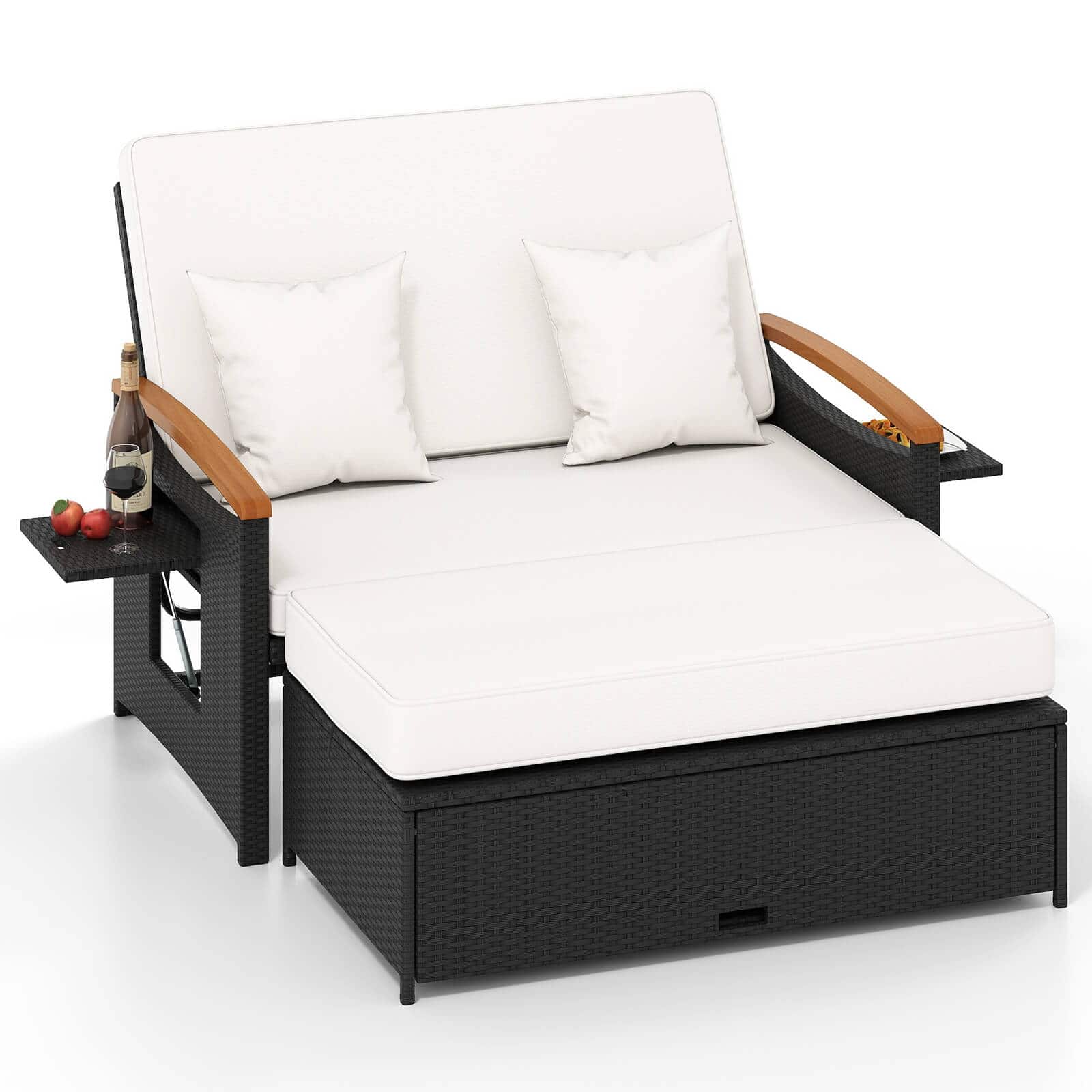 Costway - Patio Rattan Daybed Set with Cushioned Loveseat & Storage Ottoman for Porch - White + Black