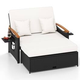 Costway - Patio Rattan Daybed Set with Cushioned Loveseat & Storage Ottoman for Porch - White + Black