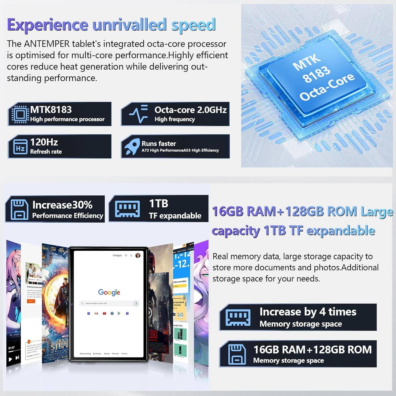 Experience unrivalled speed

The ANTEMPER tablet's integrated octa-core processor is optimised for multi-core performance. Highly efficient cores reduce heat generation while delivering outstanding performance.

- **MTK8183**  
  High performance processor  
  Octa-core 2.0GHz  
  High frequency

- **120Hz**  
  Refresh rate

- **Runs faster**  
  A73 High PerformanceA53 High Efficiency

- **Increase 30%**  
  Performance Efficiency

- **1TB TF expandable**

- **16GB RAM + 128GB ROM**  
  Large capacity  
  1TB TF expandable

Real memory data, large storage capacity to store more documents and photos. Additional storage space for your needs.

- **Increase by 4 times**  
  Memory storage space

- **16GB RAM + 128GB ROM**  
  Memory storage space