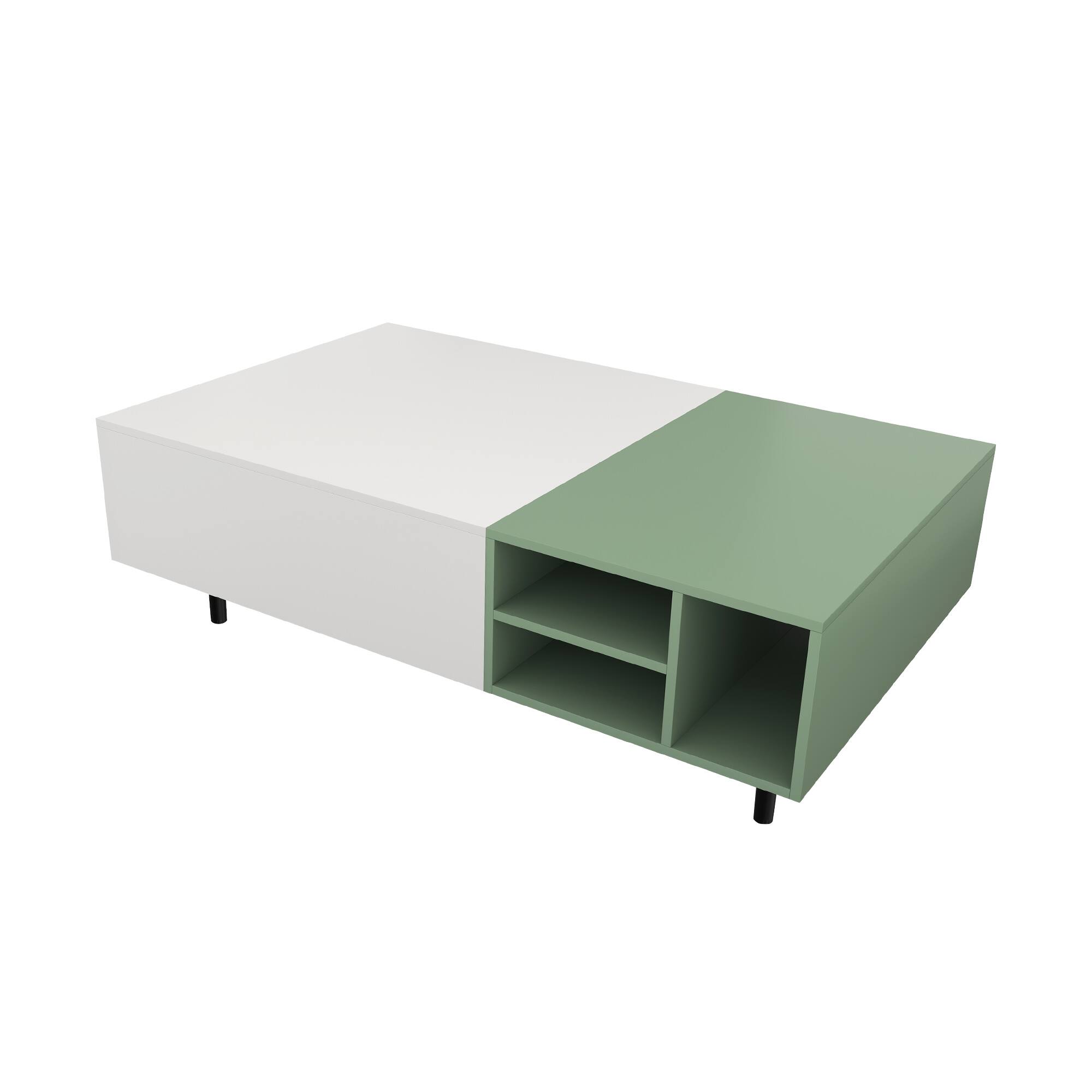 Alt View 5. luck idea - Modern Living Room Coffee Table with 2 Drawers, Two-Tone Design, Open Shelves, Hidden Handle & Metal Legs - Green.