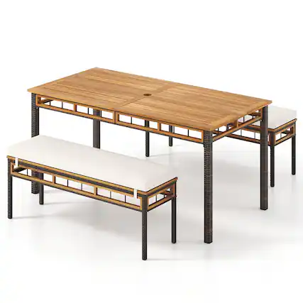 Front. Gymax - Gymax Set of 3 Acacia Wood Patio Dining Set w/1.97'' Umbrella Hole & Cushions for Garden - Brown.