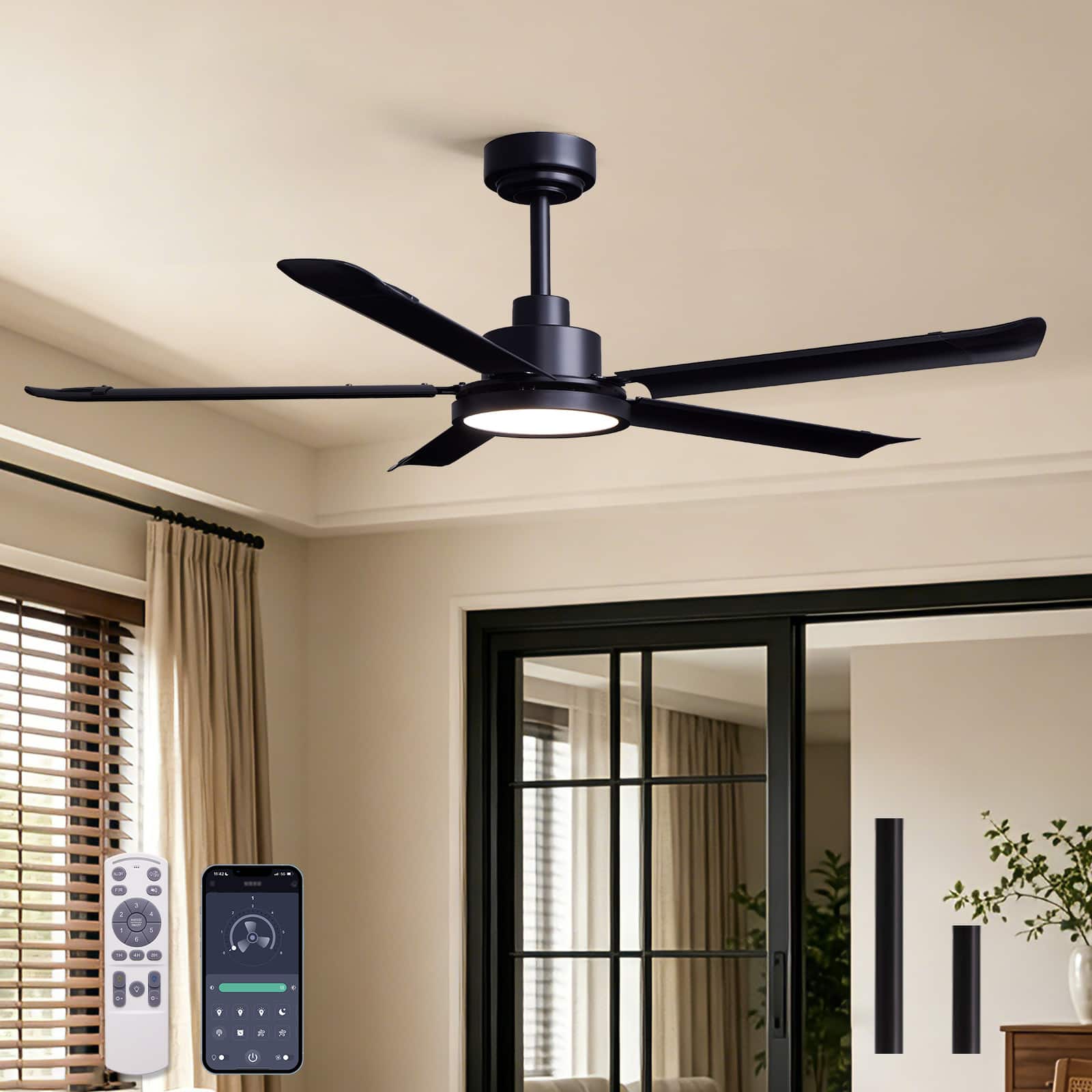 Siljoy - 52 in Matte 5 Blade Ceiling Fan with Dimmable LED Light Remote and Bluetooth App Control for Bedroom Living Room - Black