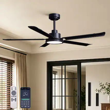 Front. Siljoy - 52 in Matte Black 5 Blade Ceiling Fan with Dimmable LED Light Remote and Bluetooth App Control for Bedroom Living Room - Black.