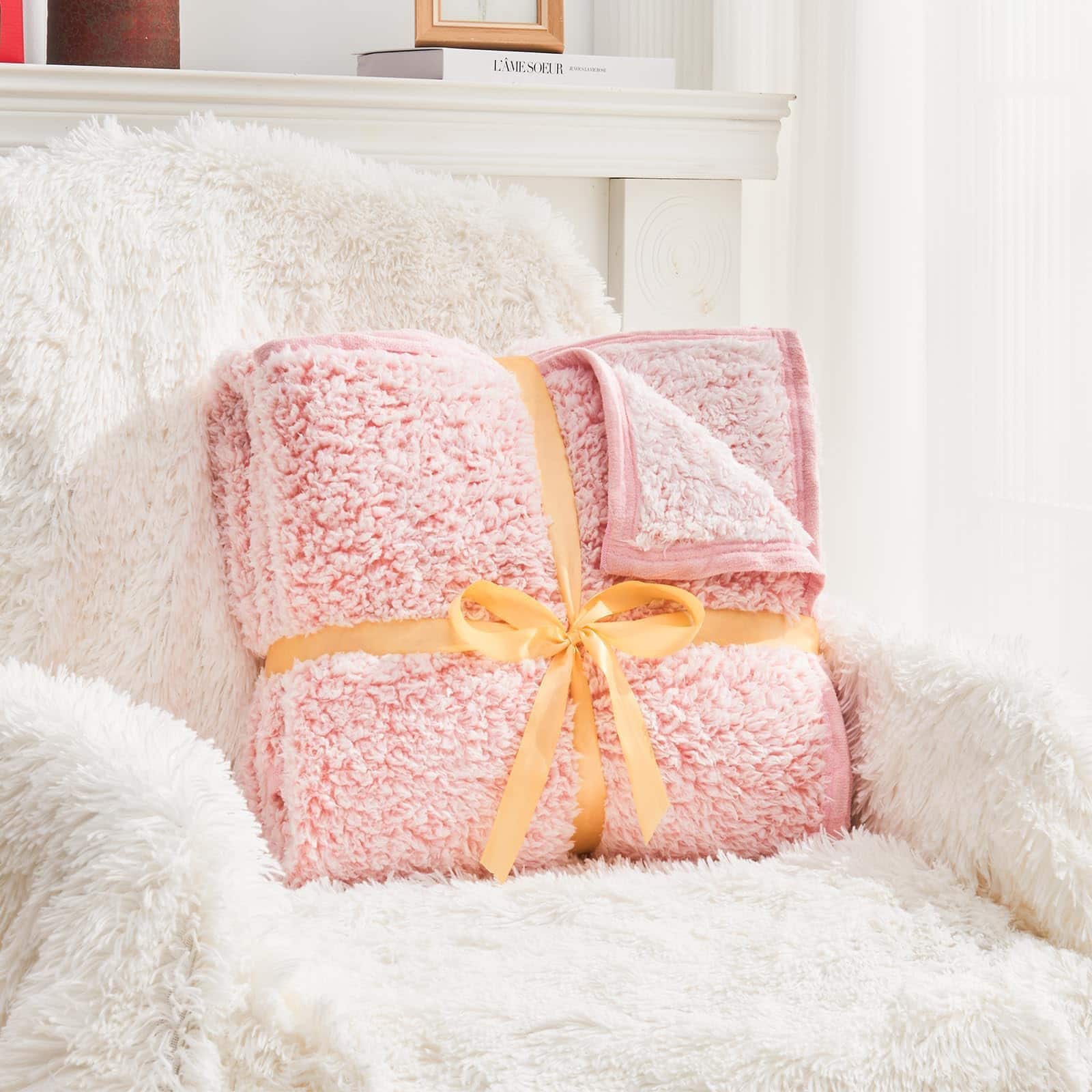 ThinkLink Electronic - Soft Sherpa Throw Blanket Fleece Reversible Plush Fluffy Light Warm Boho Cover Sofa Couch Bedroom Travel - 09-plush Pink King