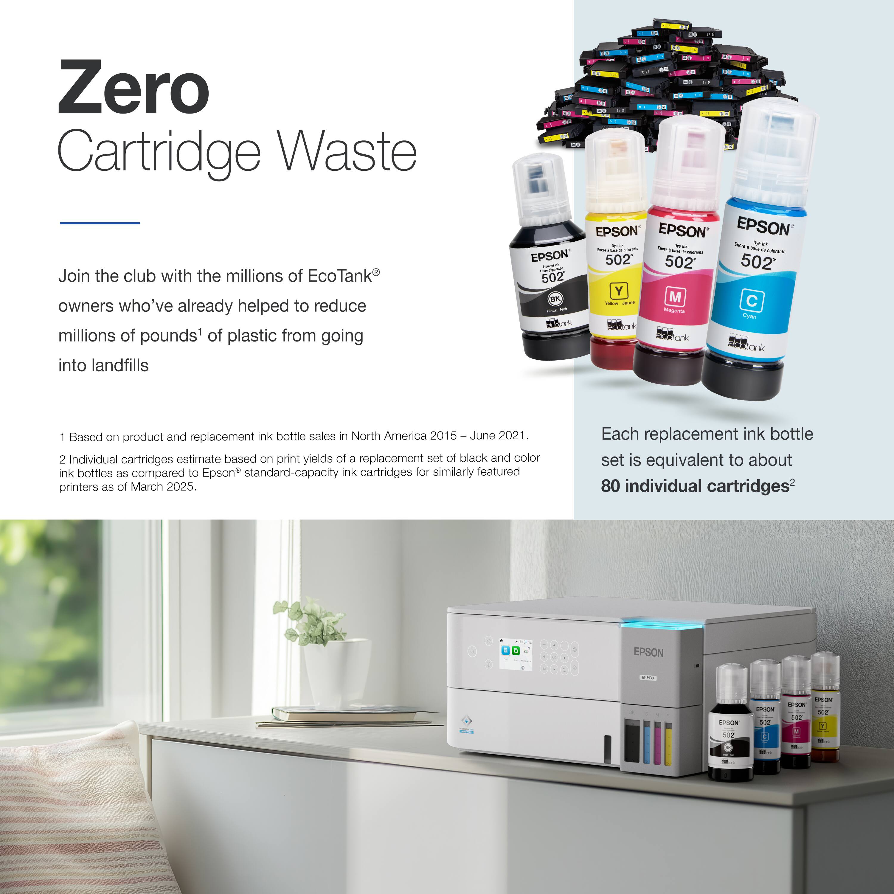 Zero Cartridge Waste

Join the club with the millions of EcoTank owners who've already helped to reduce millions of pounds' of plastic from going into landfills.

1. Based on product and replacement ink bottle sales in North America 2015 – June 2021.
2. Individual cartridges estimate based on print yields of a replacement set of black and color ink bottles as compared to Epson standard-capacity ink cartridges for similarly featured printers as of March 2025.

Each replacement ink bottle set is equivalent to about 80 individual cartridges.