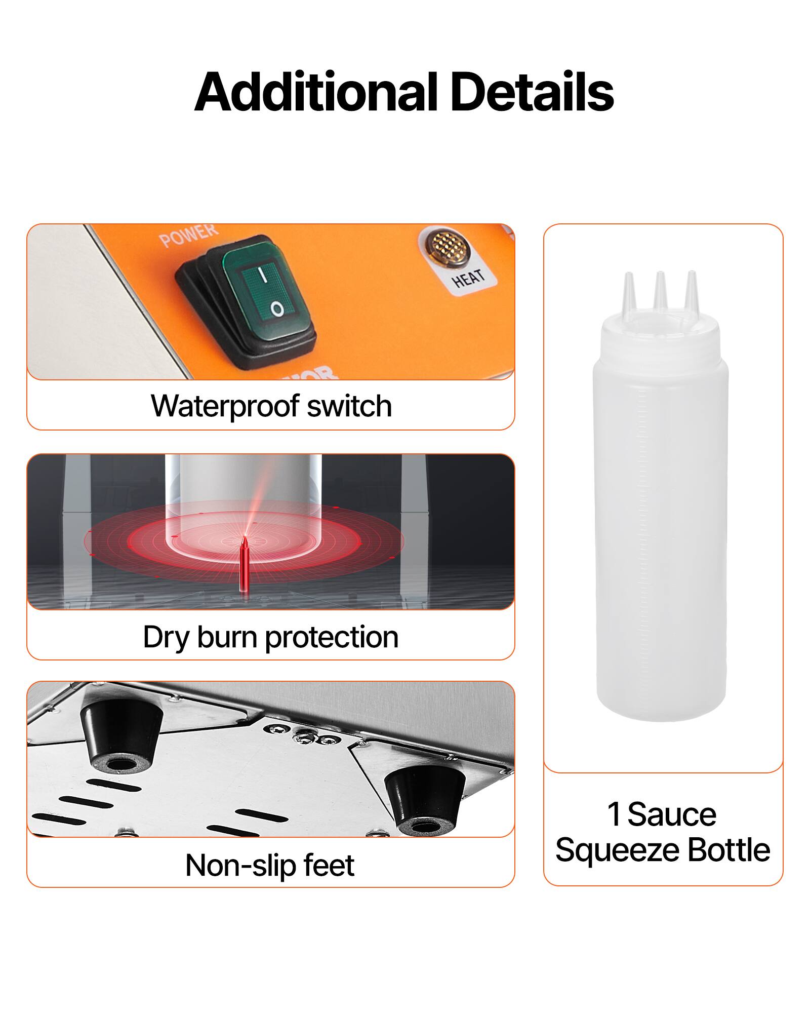 Additional Details

- Waterproof switch
- Dry burn protection
- Non-slip feet
- 1 Sauce Squeeze Bottle