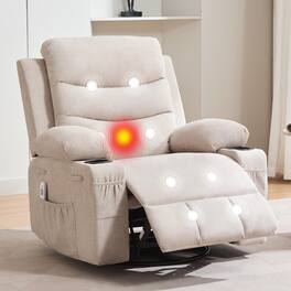 Babevy - Oversized Swivel Rocker Recliner Chair with Massage & Heat, 360° Glider with Cup Holders & Side Pockets - Beige
