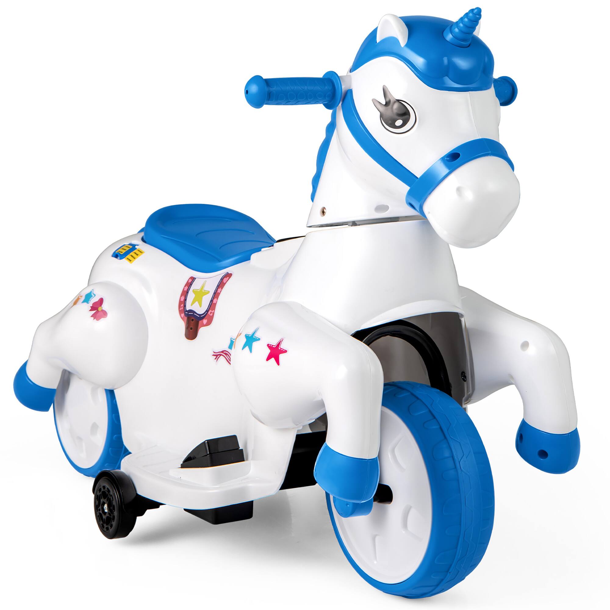 Alt View 8. Gymax - Gymax 12V Kids Ride on Unicorn Toy w/ Training Wheels Music One-button Start Horse Toy Blue - Blue.