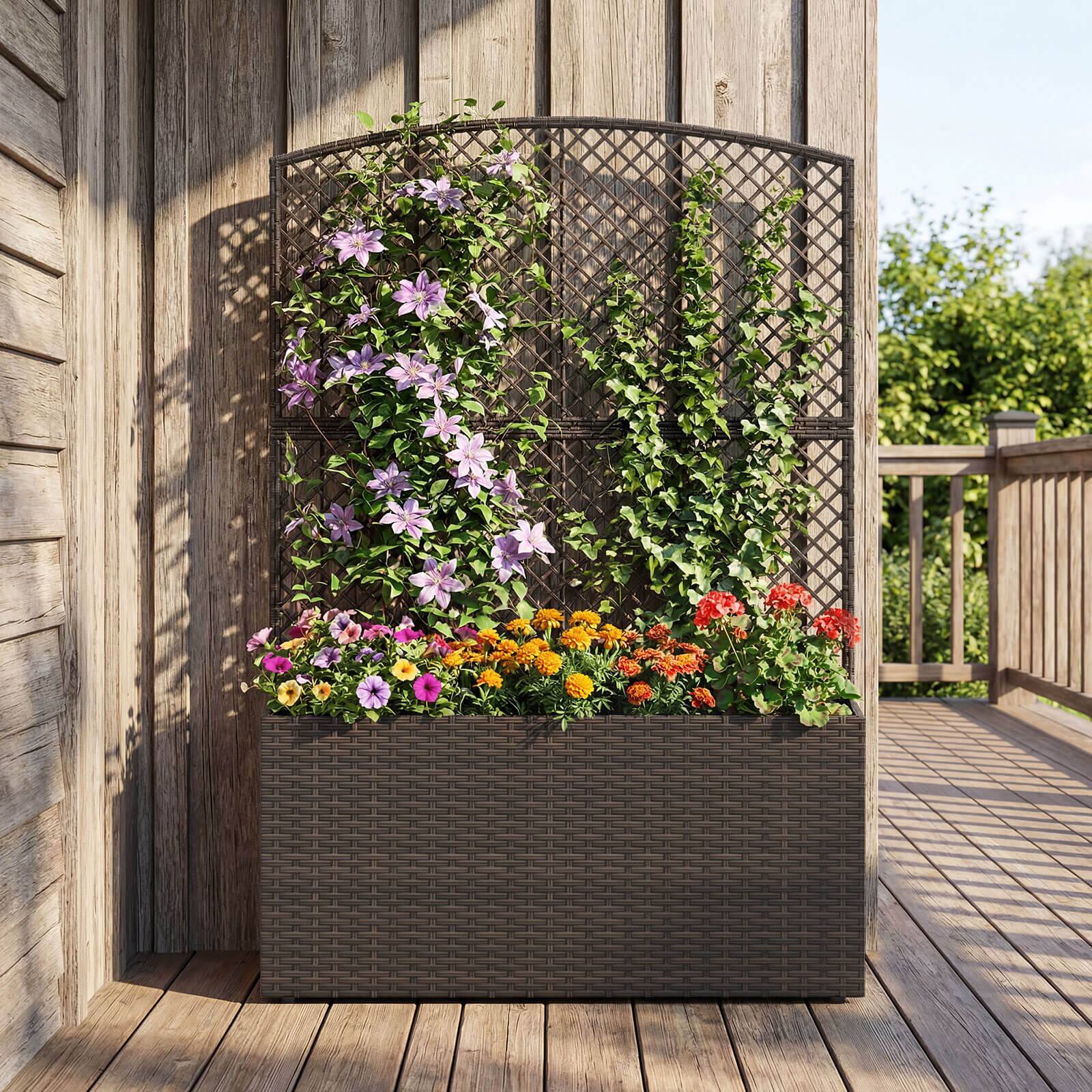 Alt View 1. Costway - Costway 2 PCS 58" Raised Garden Bed with Trellis, Wicker Planter Box with Privacy Screen - Brown.