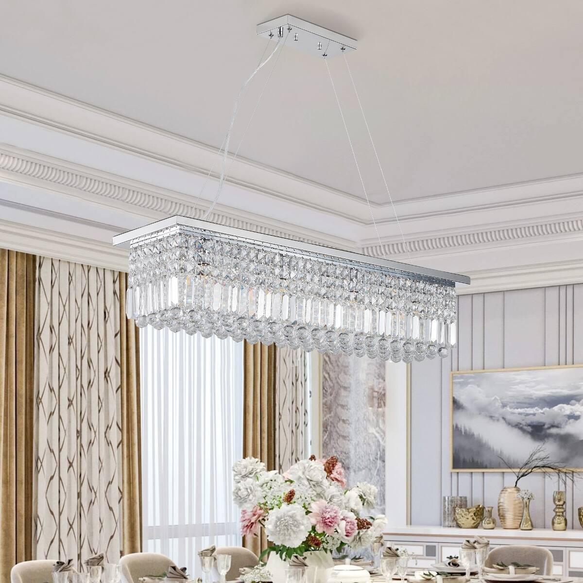 Left. Loheer - Loheer Eight Light Crystal Chandelier Chrome Rectangle Pendant for Dining Room or Kitchen Island.