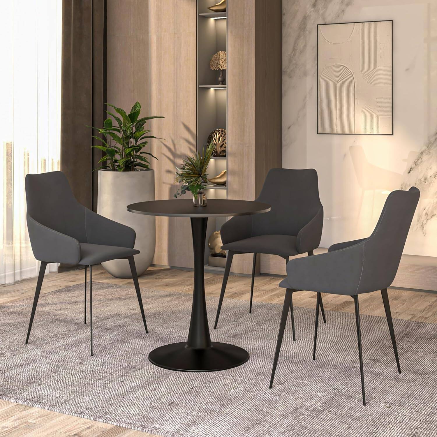 Angle. LeisureMod - Bristol 24 in. Round Dining Table – Modern MDF Top Accent Café Table & Sturdy Steel Black Pedestal Base - Black.
