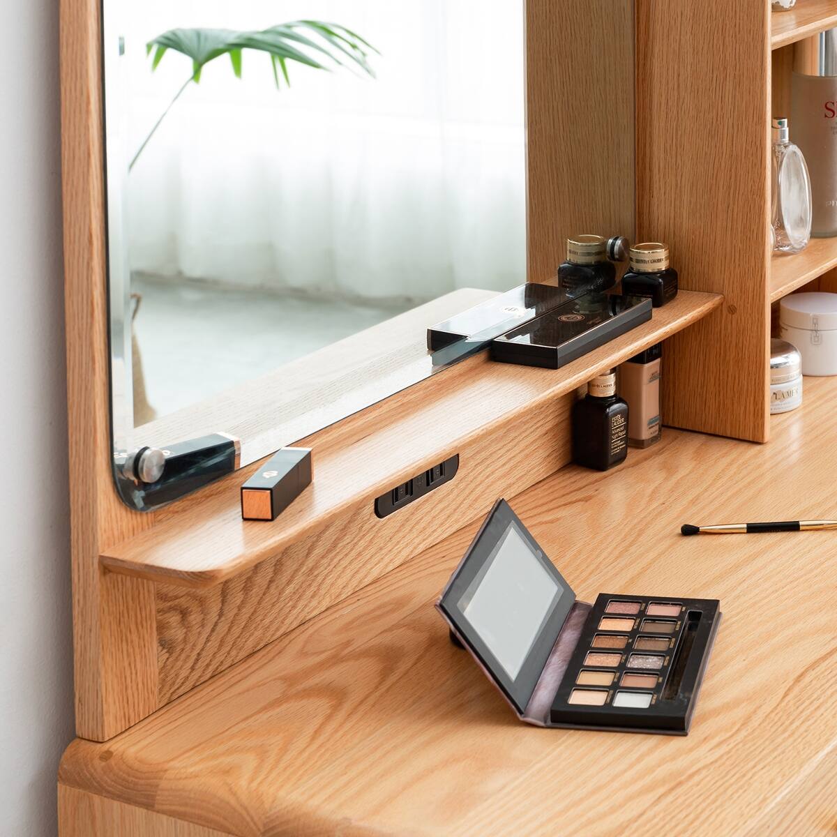Alt View 3. Loheer - Loheer Solid Oak Makeup Vanity Adjustable Width Table with Mirror - Oak.