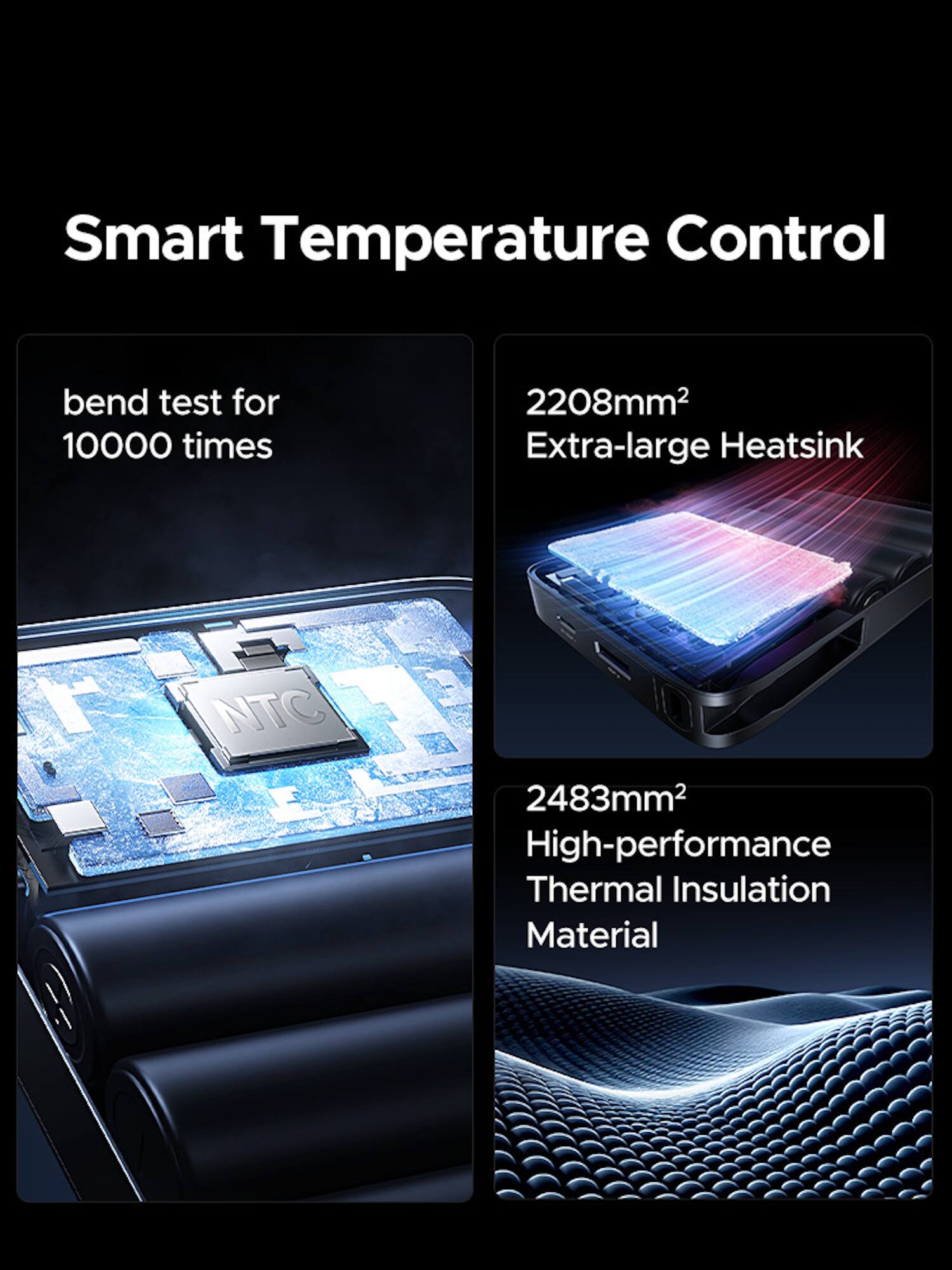 Smart Temperature Control

- bend test for 10000 times
- 2208mm² Extra-large Heatsink
- 2483mm² High-performance Thermal Insulation Material