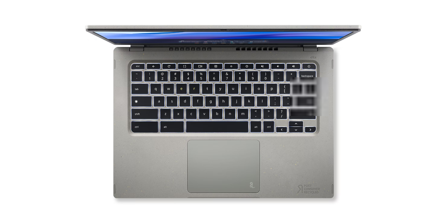 The text on the image is:

"POST CONSUMER RECYCLED"

The keyboard layout is:

```
1 2 3 4 5 6 7 8 9 0
Q W E R T Y U I O P
A S D F G H J K L
Z X C V B N M
```