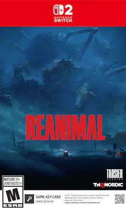 **0D2 NINTENDO SWITCH REANIMAL**
**MATURE 17+ JEUNES ADULTES 17+**
**ESRB**
**TARSIER STUDIOS**
**THQ NORDIC**
**GAME-KEY CARD CARTE CLÉ DE JEU**
**XX GB - Full game download via internet required. See back. Téléchargement du jeu complet (XX Go) via Internet nécessaire. Voir au verso.**
**support.nintendo.com/switch2/gamekeycard** - M (Mature 17+)